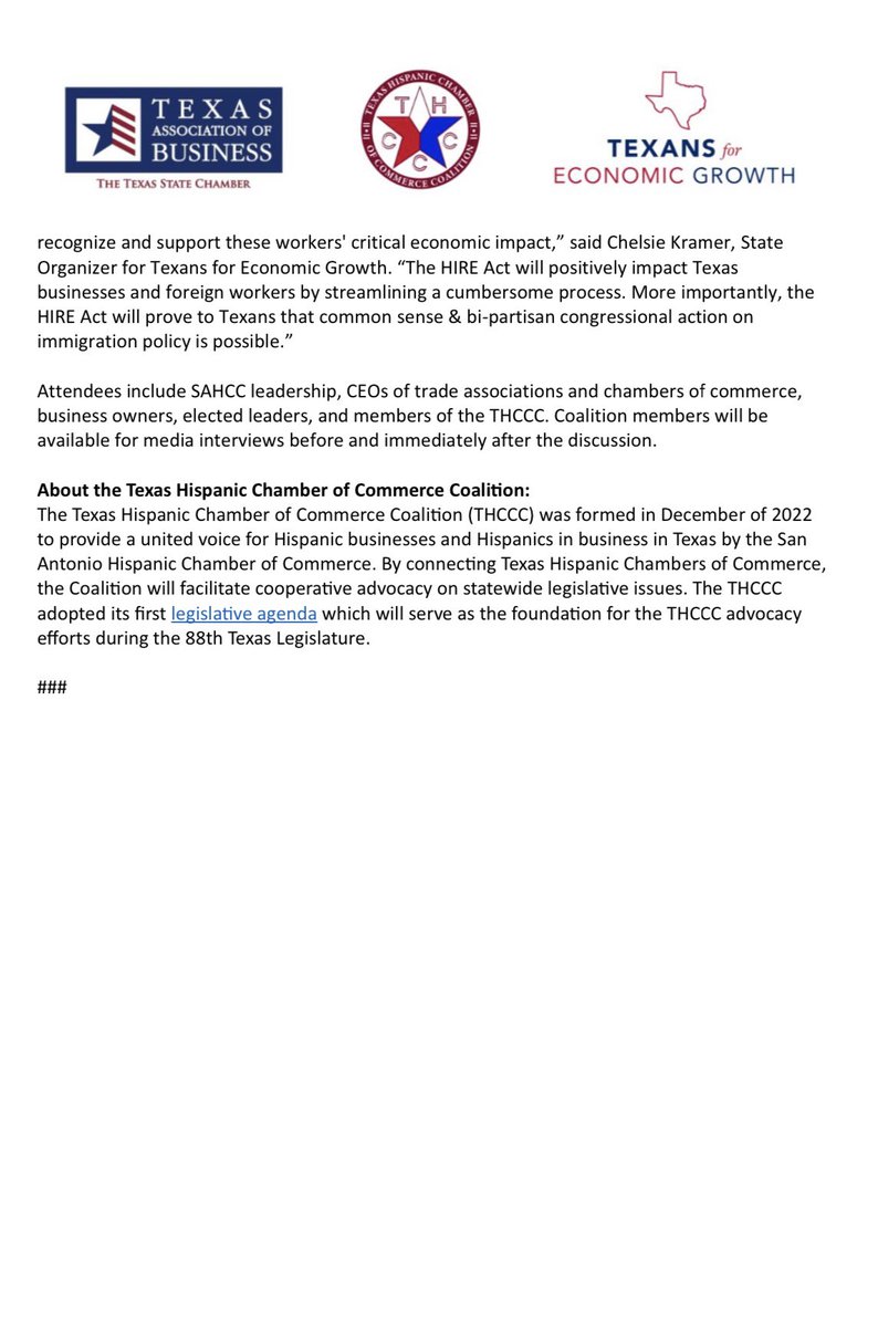 THCCC (@texashccc) on Twitter photo ⬇️ Happening Tomorrow: ⬇️
The <a href="/TexasHCCC/">THCCC</a>, in partnership with the <a href="/txbiz/">Texas Association of Business</a> & Texans for Economic Growth, will be hosting a Roundtable Discussion with <a href="/TonyGonzales4TX/">Tony Gonzales</a>
about the HIRE Act.
#advocacy #Immigration ⬇️ Happening Tomorrow: ⬇️
The <a href="/TexasHCCC/">THCCC</a>, in partnership with the <a href="/txbiz/">Texas Association of Business</a> & Texans for Economic Growth, will be hosting a Roundtable Discussion with <a href="/TonyGonzales4TX/">Tony Gonzales</a>
about the HIRE Act.
#advocacy #Immigration