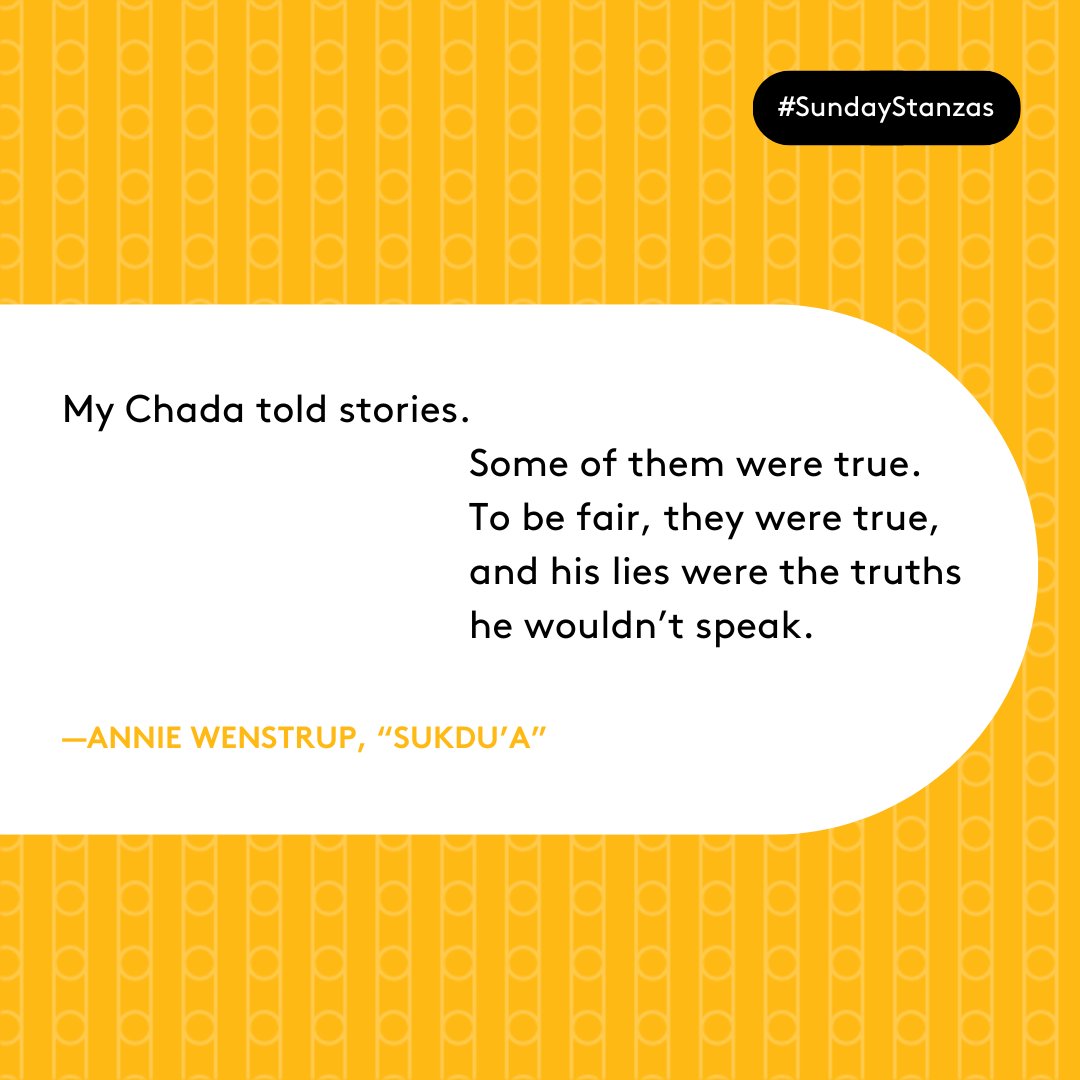 Happy #GrandparentsDay! On this day, we’re reflecting on the importance of stories — like the Dena’ina stories shared by Annie Wenstrup’s chada (“grandfather”) — and the elders who keep them alive by passing them on to the next generation. #SundayStanzas poetryfoundation.org/poetrymagazine…