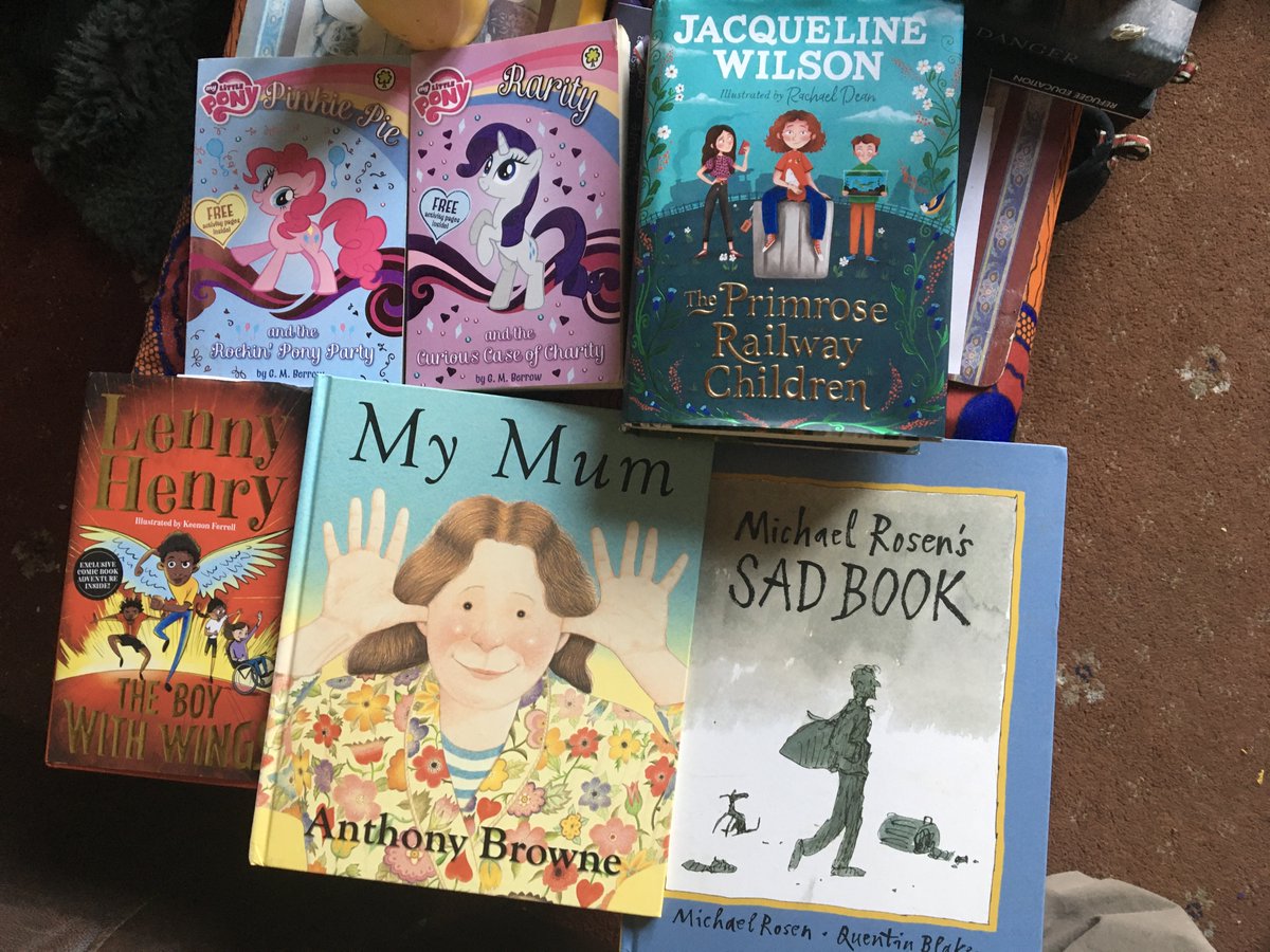 New library books - another copy of @MichaelRosenYes 's Sad Book, a couple of My Little Pony storybooks, The Boy With Wings by @LennyHenry , the wonderful 'My Mum' by Anthony Browne, and a signed copy of 'The Primrose Railway Children by @JackyWilsonHQ :-)