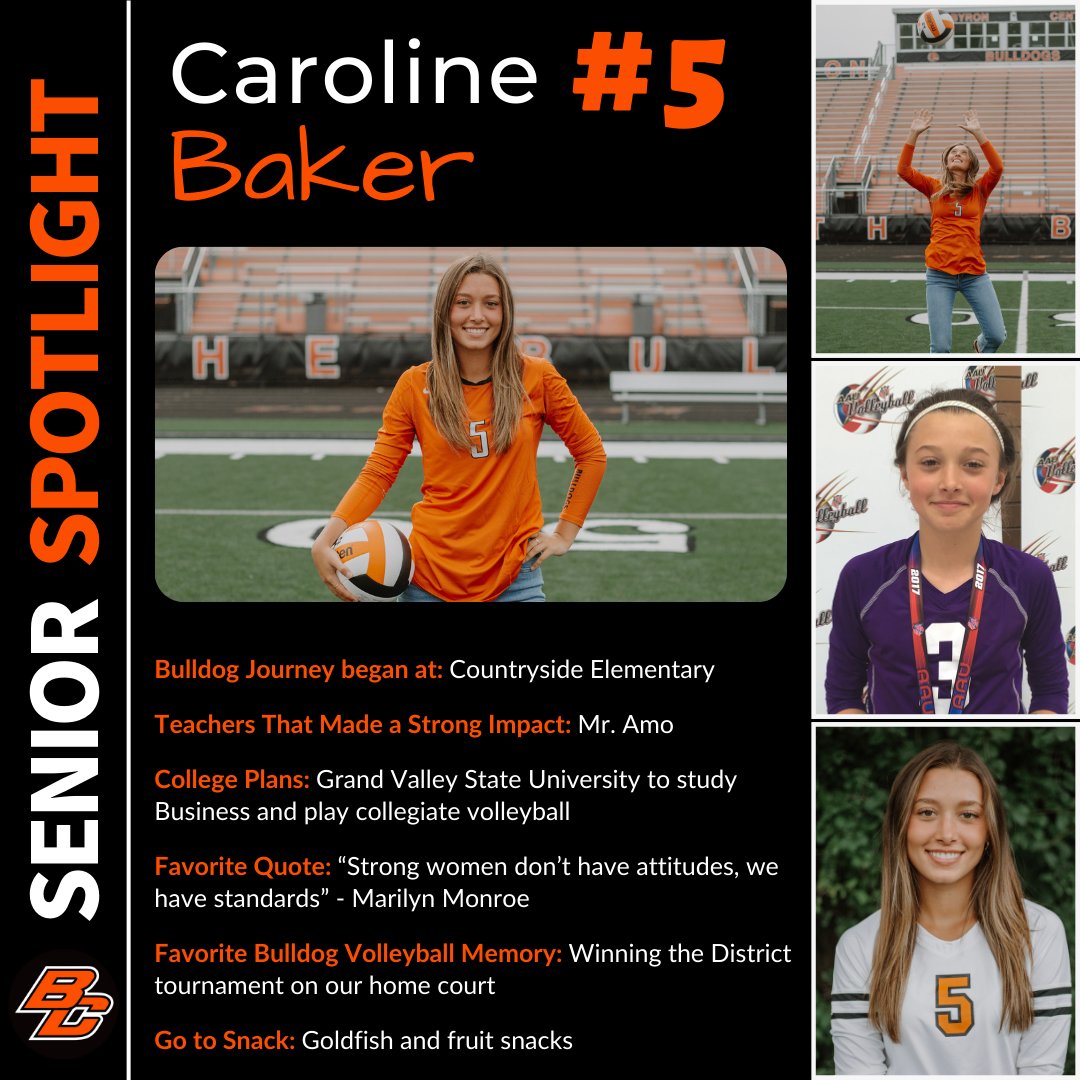 Happy Senior Sunday! 🏐 Featuring #5 Caroline Baker! 🏐 Caroline has been on the Varsity team at Byron Center for the past 4 years! She is a Setter and a Captain this season! #GoBulldogs #SeniorSpotlight #SeniorSunday #BCVB