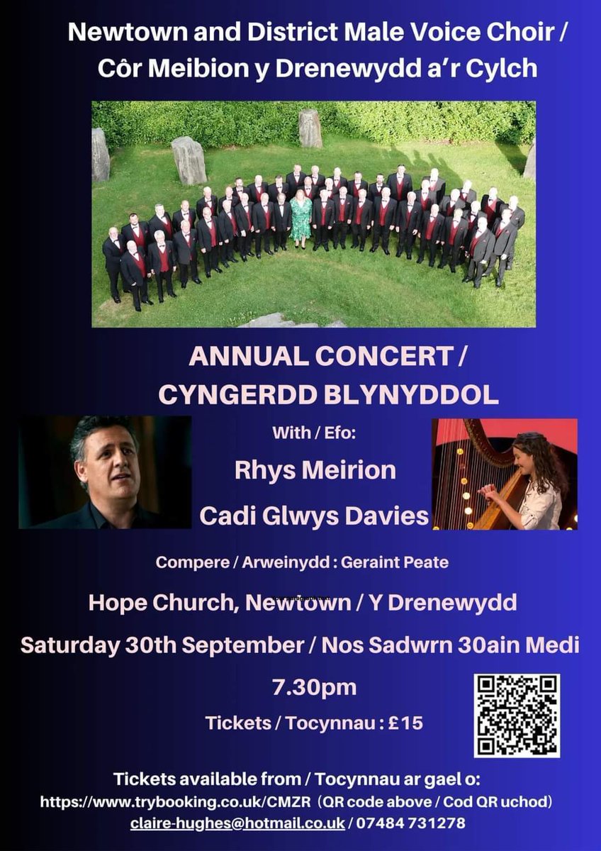 Newtown Male Voice (@newtownmvc) on Twitter photo Only 3 weeks to go until our Annual Concert at <a href="/HopeChurchWales/">Hope Church</a> Newtown with guest artists <a href="/RhysMeirion/">Rhys Meirion</a> and Cadi Glwys Davies π
Tickets are selling fast, get yours online, from choir members or contact our Secretary - details on the poster π Only 3 weeks to go until our Annual Concert at <a href="/HopeChurchWales/">Hope Church</a> Newtown with guest artists <a href="/RhysMeirion/">Rhys Meirion</a> and Cadi Glwys Davies π
Tickets are selling fast, get yours online, from choir members or contact our Secretary - details on the poster π