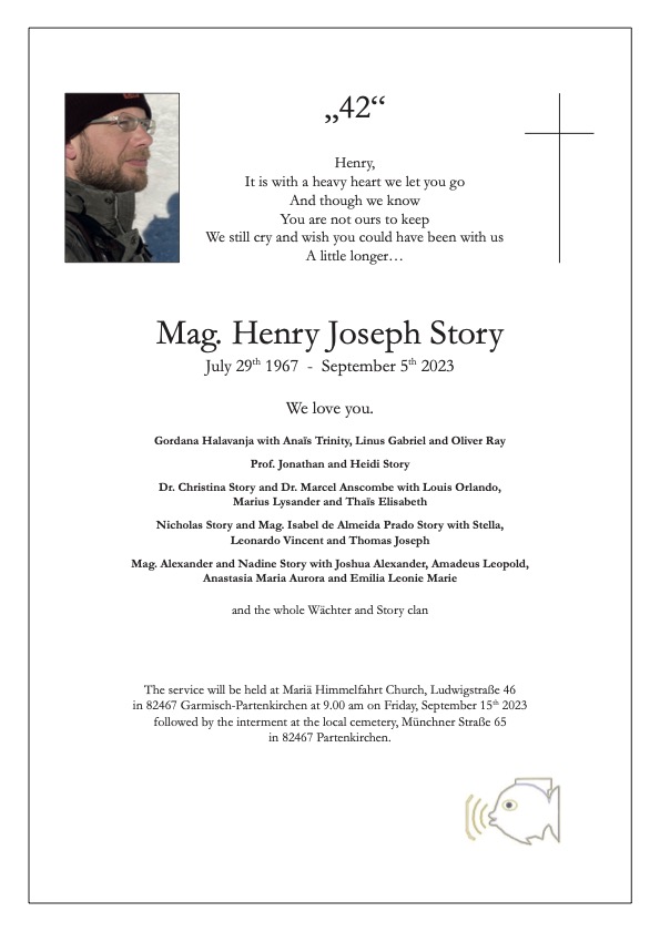 The 🐠 BblFish (@bblfish) on Twitter photo We regret to announce the sudden death of Henry Story (The 🐠 BblFish <a href="/bblfish/">The 🐠 BblFish</a>) on 5th September 2023. Funeral arrangements are below.
Family can be contacted via
tini_story@yahoo.com and
ghalavanja@gmail.com We regret to announce the sudden death of Henry Story (The 🐠 BblFish <a href="/bblfish/">The 🐠 BblFish</a>) on 5th September 2023. Funeral arrangements are below.
Family can be contacted via
tini_story@yahoo.com and
ghalavanja@gmail.com