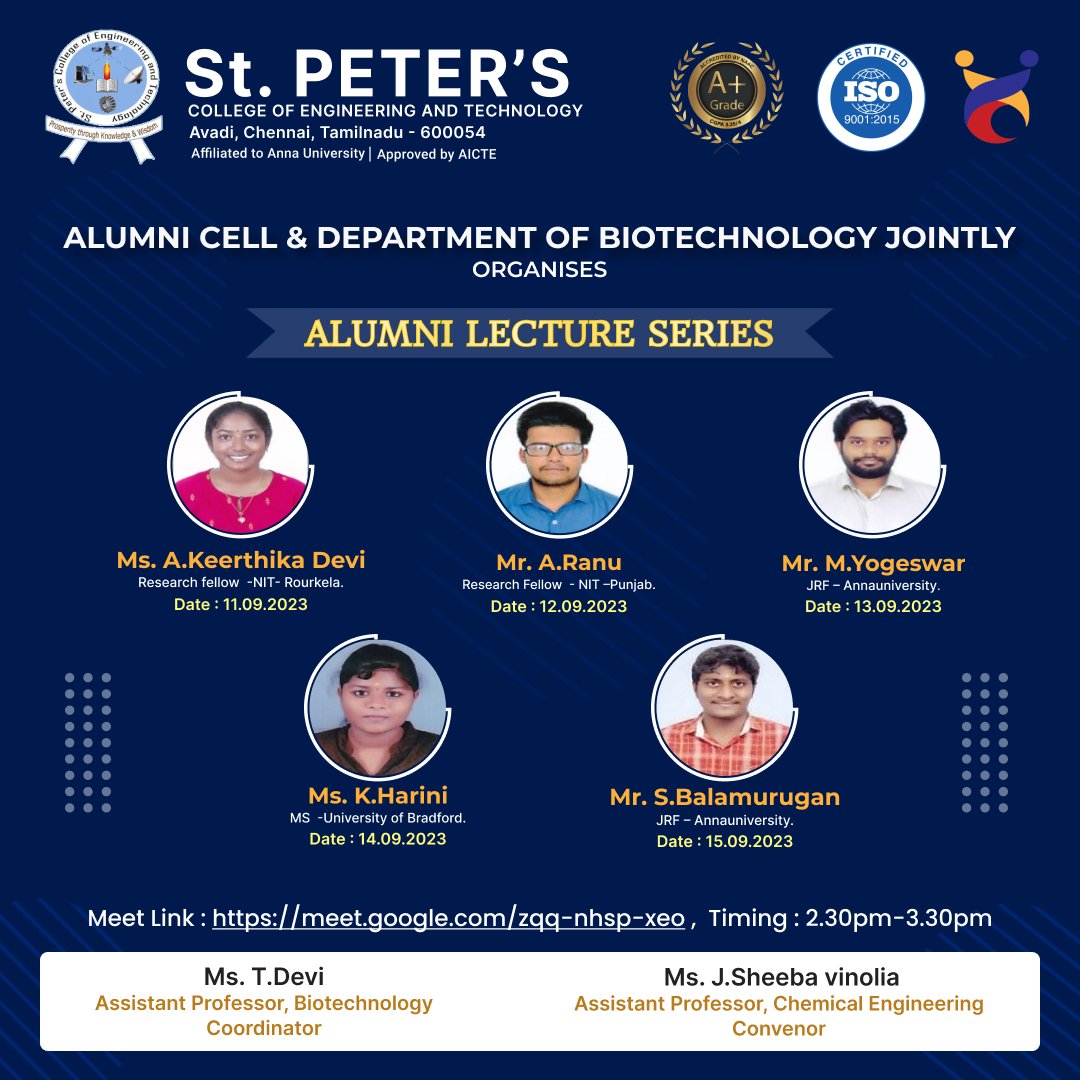 spcetchennai's tweet photo. Alumni Lecture Series organized by alumni cell &amp; their respective department, Let join through google meet link as per schedule.

#alumni #alumnilecture #AlumniTalk #alumnispecial #AlumniCell #spcet #stpeters #AnnaUniversity #chennai #Tiruvallur #BestEngineeringCollege https://t.co/6sL6LdYjQz