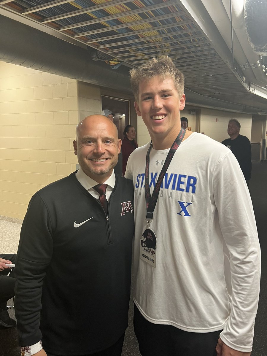 After an amazing gameday experience and conversation with <a href="/Coach_Fleck/">P.J. Fleck</a>, I’m honored to receive an offer from the University of Minnesota!! <a href="/GopherFootball/">Minnesota Football</a> <a href="/Coach_DeBo46/">Coach Winston DeLattiboudere III</a> <a href="/StXFB/">Bomber Football</a> <a href="/COACHSPECHT28/">Steve Specht</a> <a href="/RUNBYU/">COACH T, M.Ed., HSSCC, USAW,FMS</a> <a href="/gobigrecruiting/">Go Big Recruiting</a>