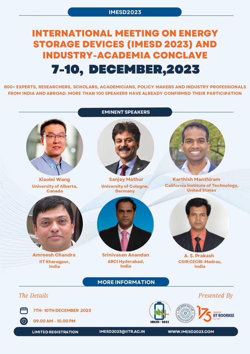 IMESD_India's tweet photo. Meet our eminent speakers for India's biggest meeting on Energy Storage Devices at IIT Roorkee.

Register Now https://t.co/zYo2NFy9gL https://t.co/dR3euZ4IbF