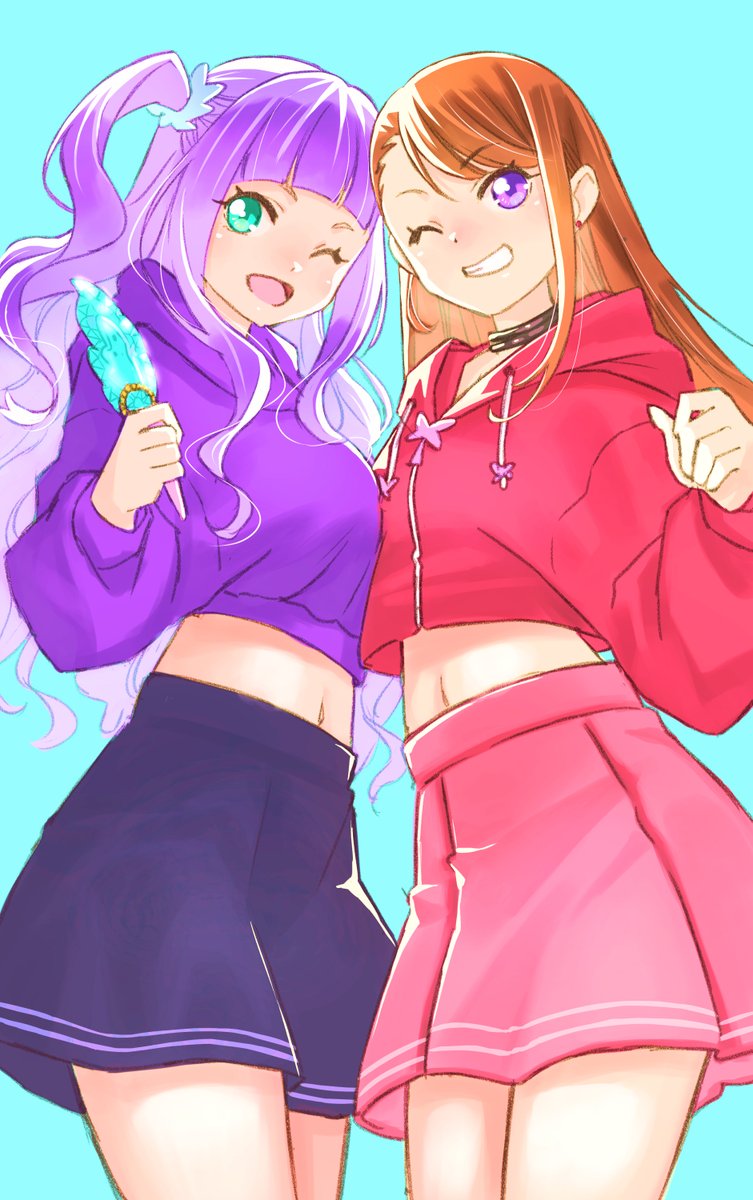 multiple girls 2girls skirt one eye closed smile hood purple hoodie  illustration images