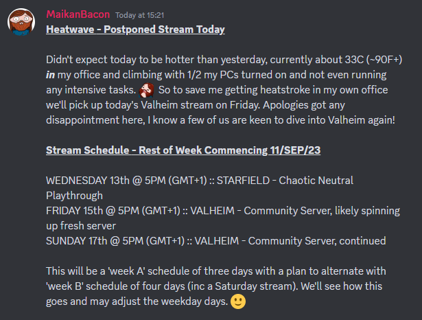 Heads up for those not in the Discord. Postponing today's stream in light of UK's continued heatwave. 

See you all soon! If you're out enjoying the weather stay safe and hydrated!