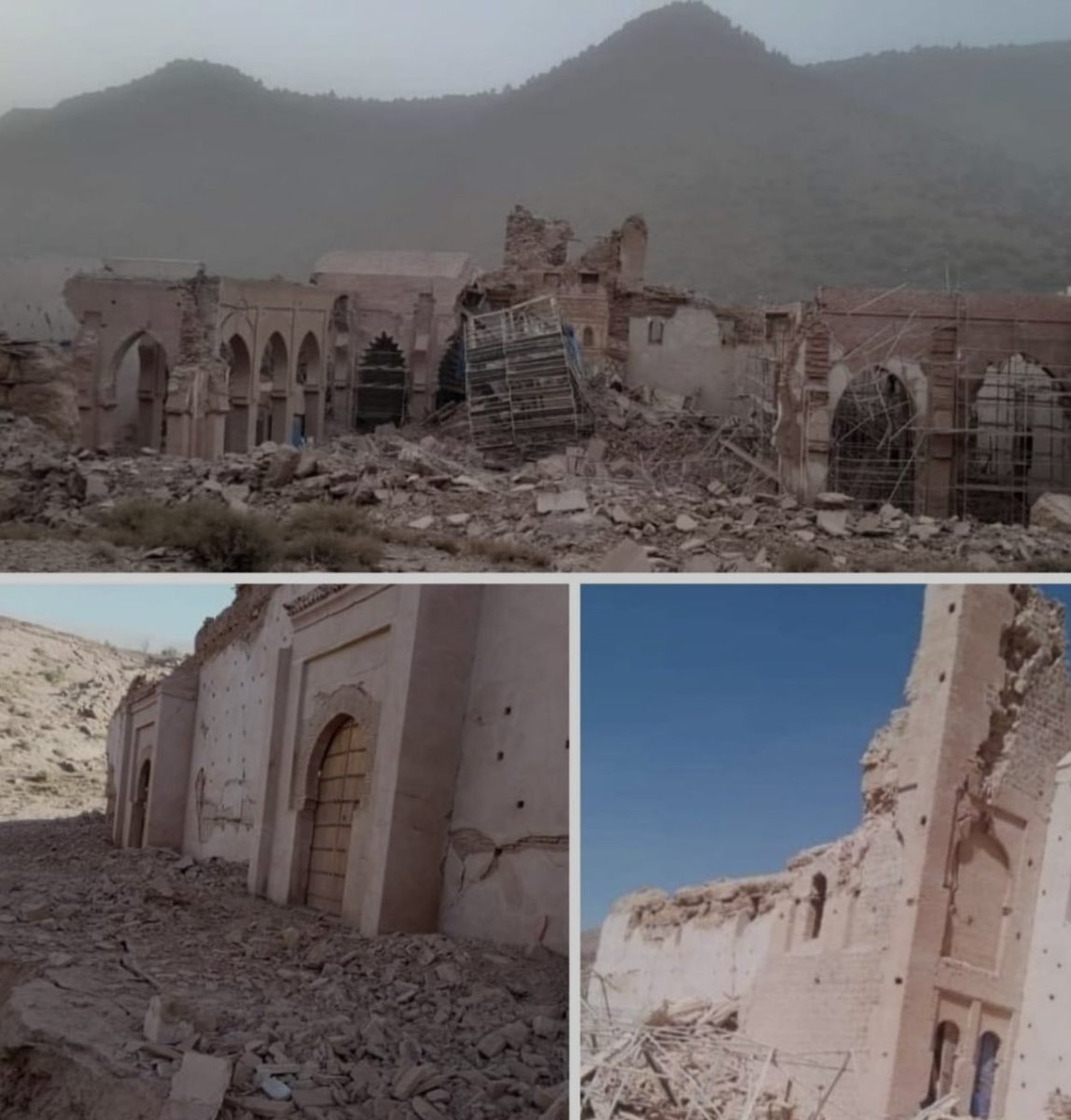 CharliesIngalls's tweet photo. 🇲🇦🇲🇦🇲🇦Il y a la tragédie humaine sur laquelle il faut bien sûr se concentrer. Et il y a la tragédie architecturale. Ce #seisme a aussi détruit un patrimoine historique de plusieurs millénaires.
Pour exemple, la mosquée de #Tinmel au sud de #Marrakech qui date du 12e siècle (période Alhmohade) a été complètement détruite.
La mosquée de la Koutoubia à Marrakech a quant à elle été endommagée. Elle résiste pour le moment
#Marocseisme #earthquake #solidariteMaroc