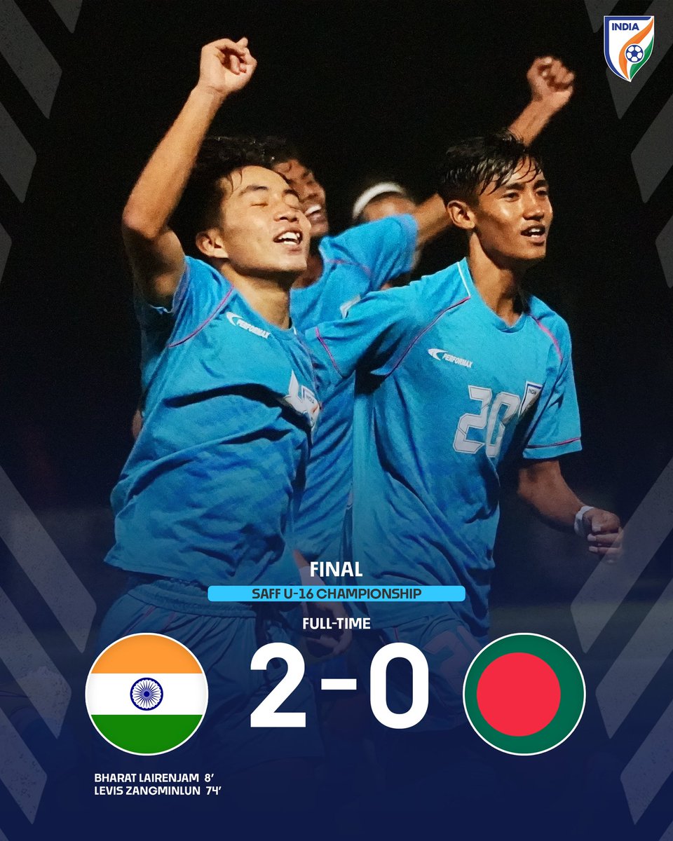 The Indian U16 football team emerged victorious in the 2023 SAFF Championship finals, defeating Bangladesh. 

Hats off to you boys! 

#INDBAN ⚔️ #U16SAFF2023 🏆 #BlueColts 🐯 #IndianFootball ⚽#INDBAN