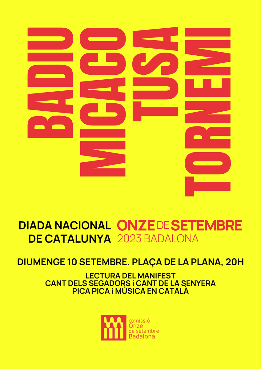 Aquest vespre ens trobem a la Plaça de la Plana per commemorar la Diada Nacional de Catalunya ✊

📌 A partir de les 20h, lectura del manifest de la Comissió Unitària Onze de Setembre a #Badalona, Cant dels Segadors i Cant de la Senyera.

Fins després! I visca Catalunya! 💛