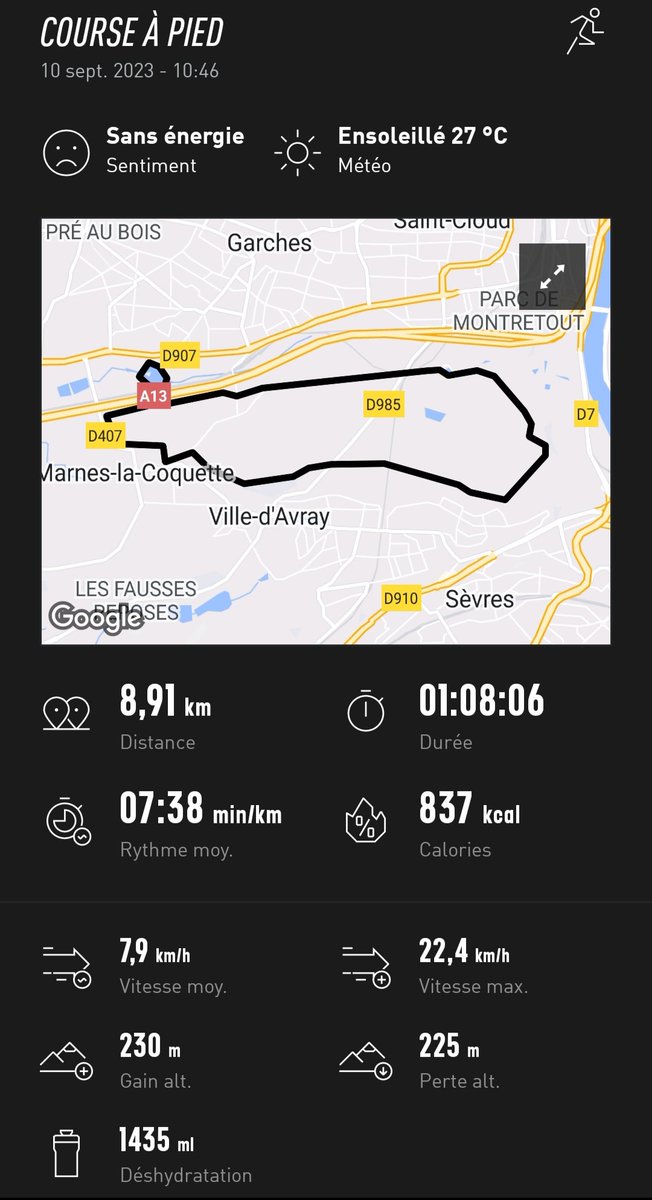 Ptn c'était pas une journée pour courir ☠️

- 35° ressentit 58
- pas d'air
- déshydratation super rapide
- crampe dans la cuisse gauche à mi-parcours

Tant pis, on a raccourci le circuit, ça sera mieux la prochaine fois