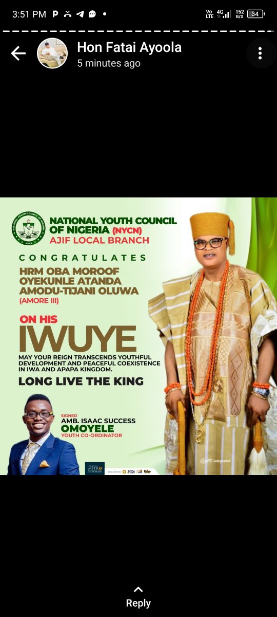 isaacsuccess's tweet photo. Today, I felicitate with His Royal Majesty
Oba Oyekunle Atanda
Amodu-Tijani Oluwa (AMORE III) on his IWUYE. 

May his reign bring about youthful development to our community. 

Long live the King... 

Amb. Isaac success Omoyele
AJIF Youth 001 https://t.co/Q1z29myMUv