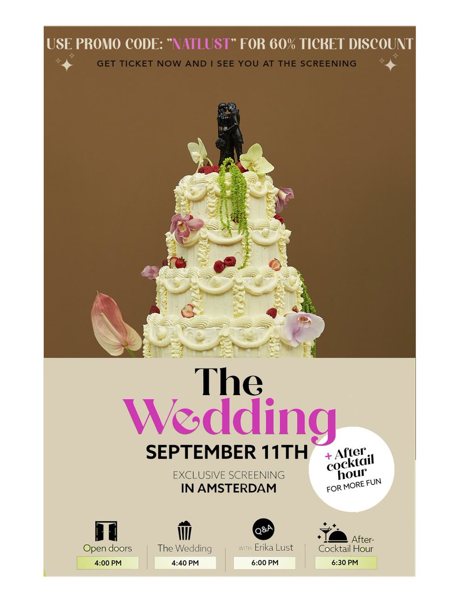 This Monday 11.09 in Amsterdam at Eye Museum - screening of “The Wedding” film by @erikalust @xconfessions , grab a ticket with 60% discount using my promo code “NATLUST”, hurry up as tickets go fast 🎉 🎂✨