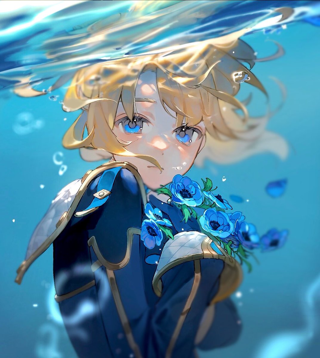 flower blue eyes blonde hair solo blue flower looking at viewer holding  illustration images