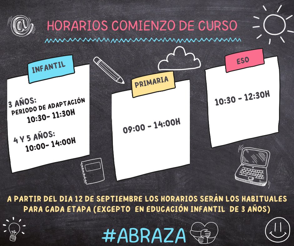 ¡Qué ganas de empezar! ✏️🎒📚🫂
Os recordamos los horarios del primer día de colegio. ¿Estáis preparados? #Abraza🫂 #Comenzamos #NuevoCurso #Reencuentros #Ilusión  #VueltaalCole2023
