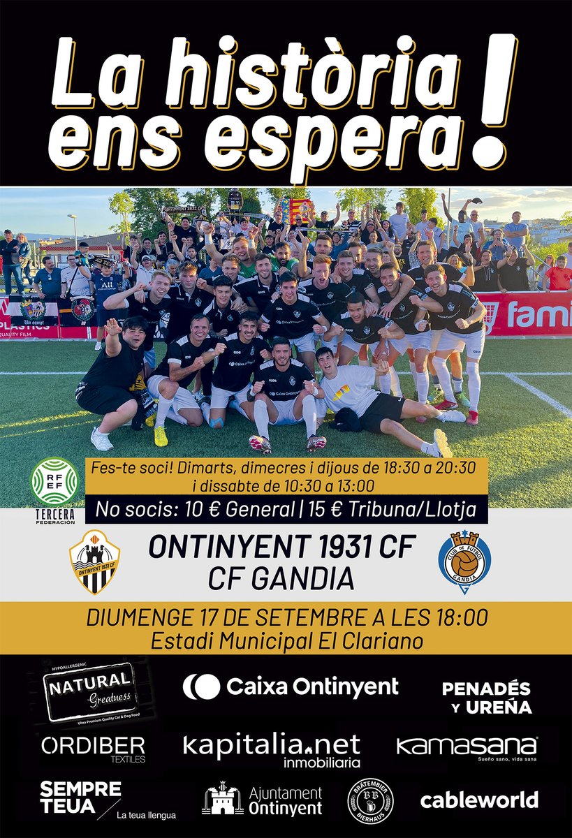 📝 #PròximPartit | L'equip ho mereix, el club ho mereix! Tornem a casa per estrenar-se davant la nostra afició. La història ens espera!
⚽️ <a href="/ontinyent1931cf/">Ontinyent 1931 CF</a> - <a href="/cfgandia/">CF Gandia</a> 
🗓️ Diumenge 17 🕕 18:00
🏆 #3aRFEFGrup6 | #Jornada2
📍 Estadi Municipal El Clariano