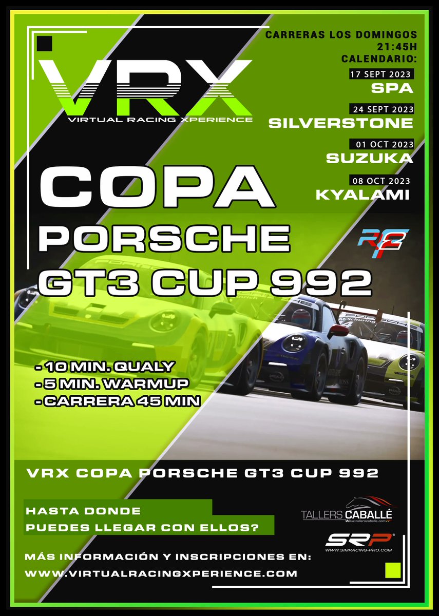 Os presentamos la Copa Porsche VRX GT3 CUP 992,
Una competición de 4 carreras de 60minutos. Con los míticos Porsche GT3 CUP 992. Simracing rfactor 2.
Más información y inscripciones en:

virtualracingxperience.com/forums/debate/…

Patrocinado por : <a href="/SRPsimracingpro/">SRP SimRacing-Pro.com</a> 
#simracing #vrx #rfactor2 #srp