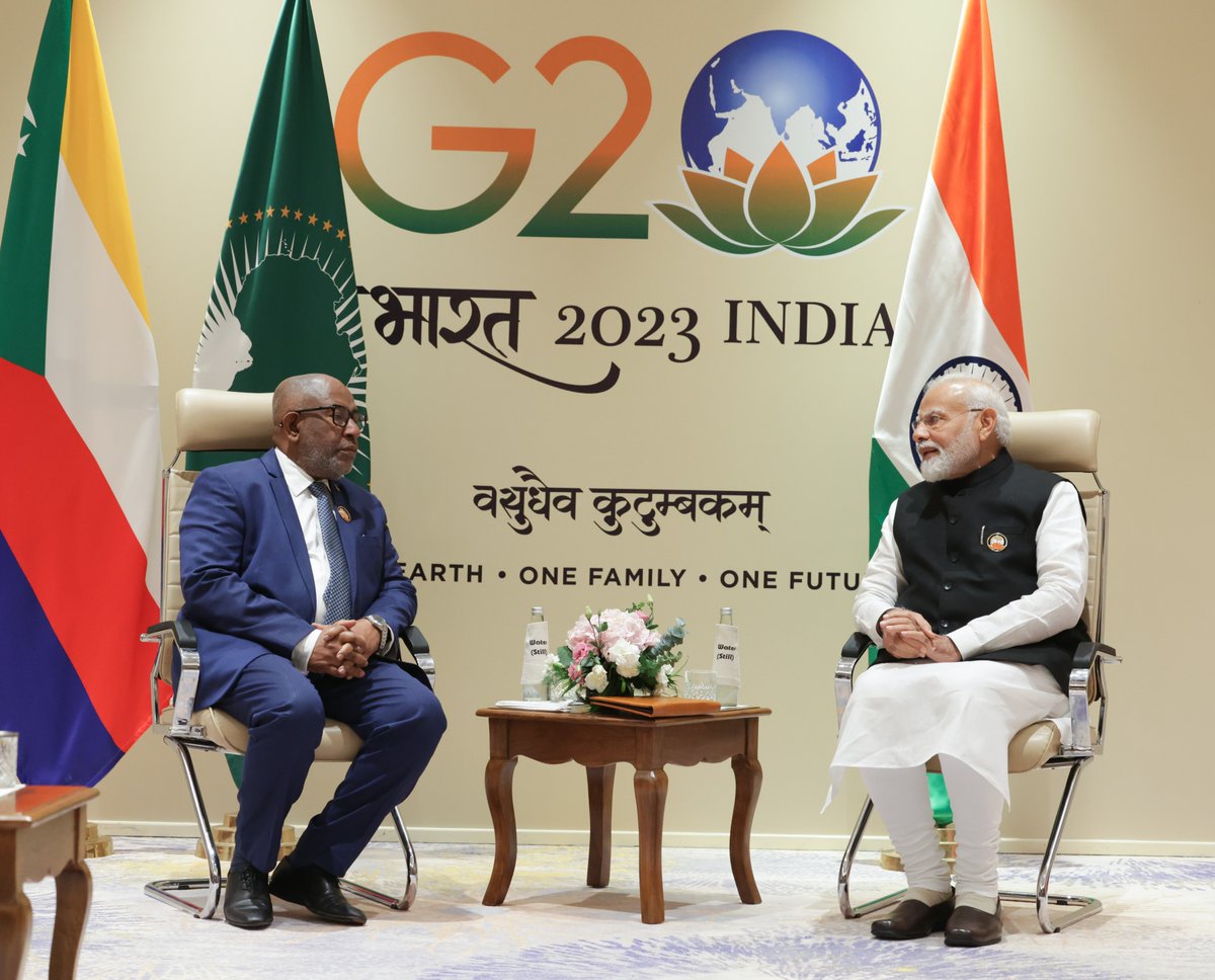 Narendra Modi (@narendramodi) on Twitter photo Had a very fruitful meeting with <a href="/PR_AZALI/">AZALI Assoumani</a>. Congratulated him once again on <a href="/_AfricanUnion/">African Union</a> joining the G20 family. Comoros is vital to India’s SAGAR Vision. Our deliberations included ways to enhance cooperation in areas like shipping, trade and more. Had a very fruitful meeting with <a href="/PR_AZALI/">AZALI Assoumani</a>. Congratulated him once again on <a href="/_AfricanUnion/">African Union</a> joining the G20 family. Comoros is vital to India’s SAGAR Vision. Our deliberations included ways to enhance cooperation in areas like shipping, trade and more.