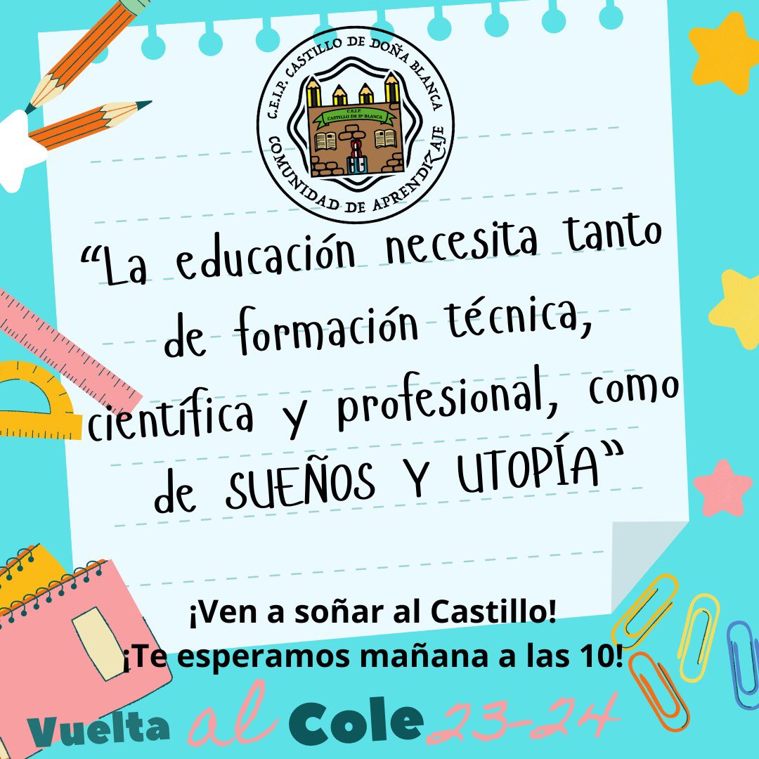CEIP_ElCastillo's tweet photo. ¡Mañana comenzamos! ¡ Nuevas ideas, nuevas ilusiones, nuevo curso! ¡Te esperamos! https://t.co/akLw1B6Cek