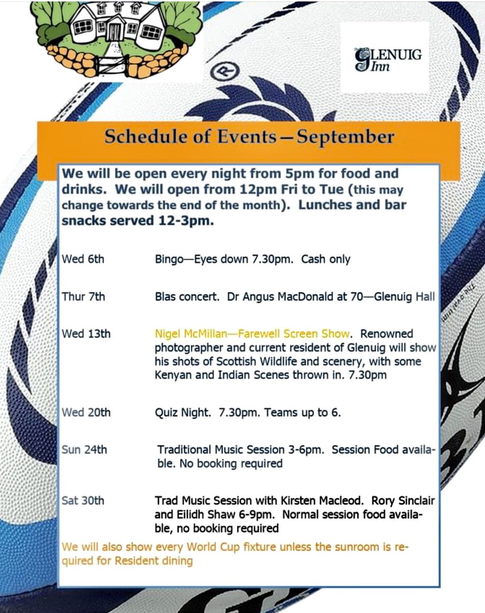 September events - apart from the ongoing rugby World Cup, our next event is Wednesday 13th, which will be Nigel McMillan’s talk!