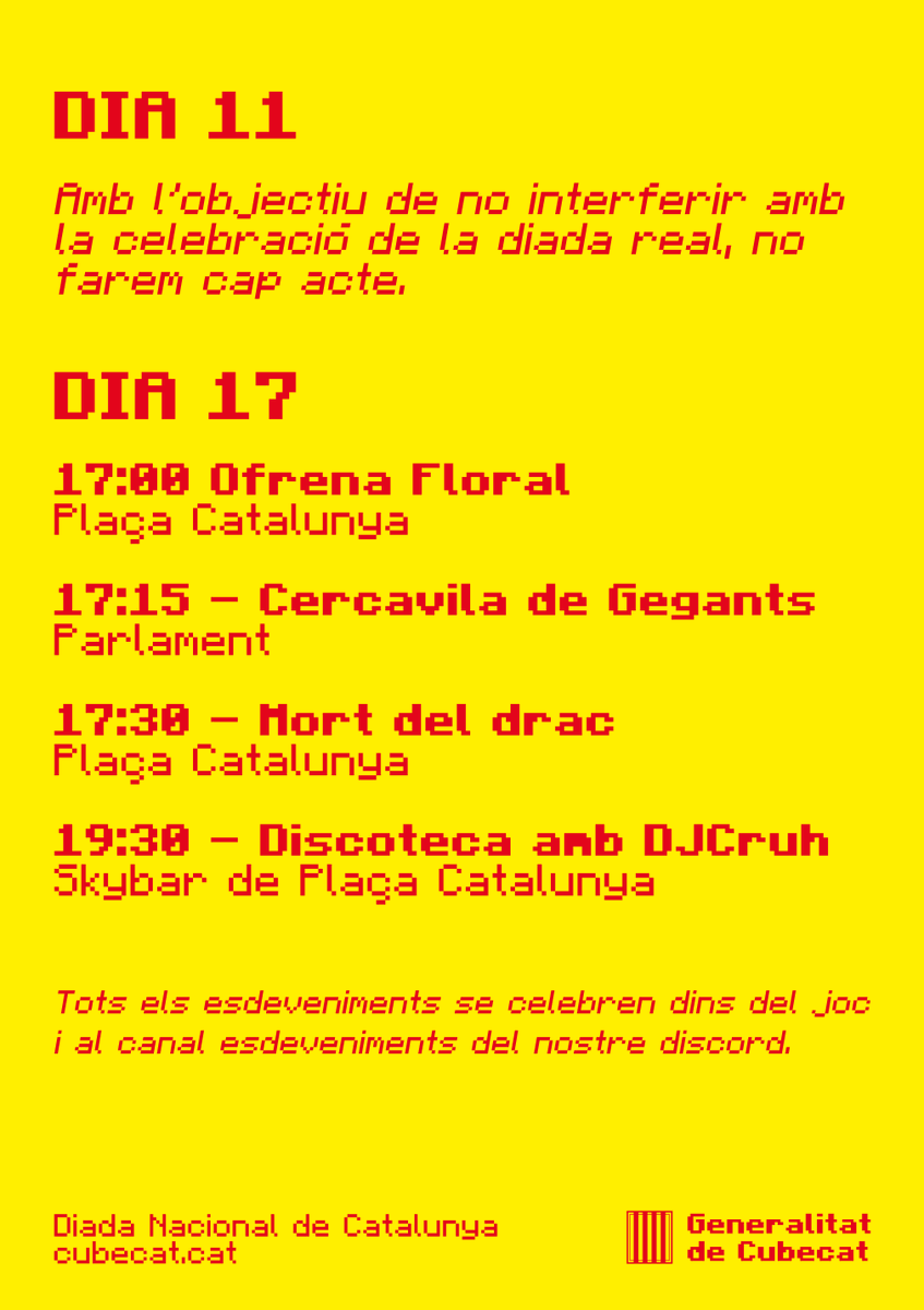 CubecatOficial's tweet photo. 🟨 A Cubecat també celebrem la Diada! Aquí teniu els actes que farem dins del servidor. No falteu!

#Cubecat #Diada2023 https://t.co/yGehwfQPoV