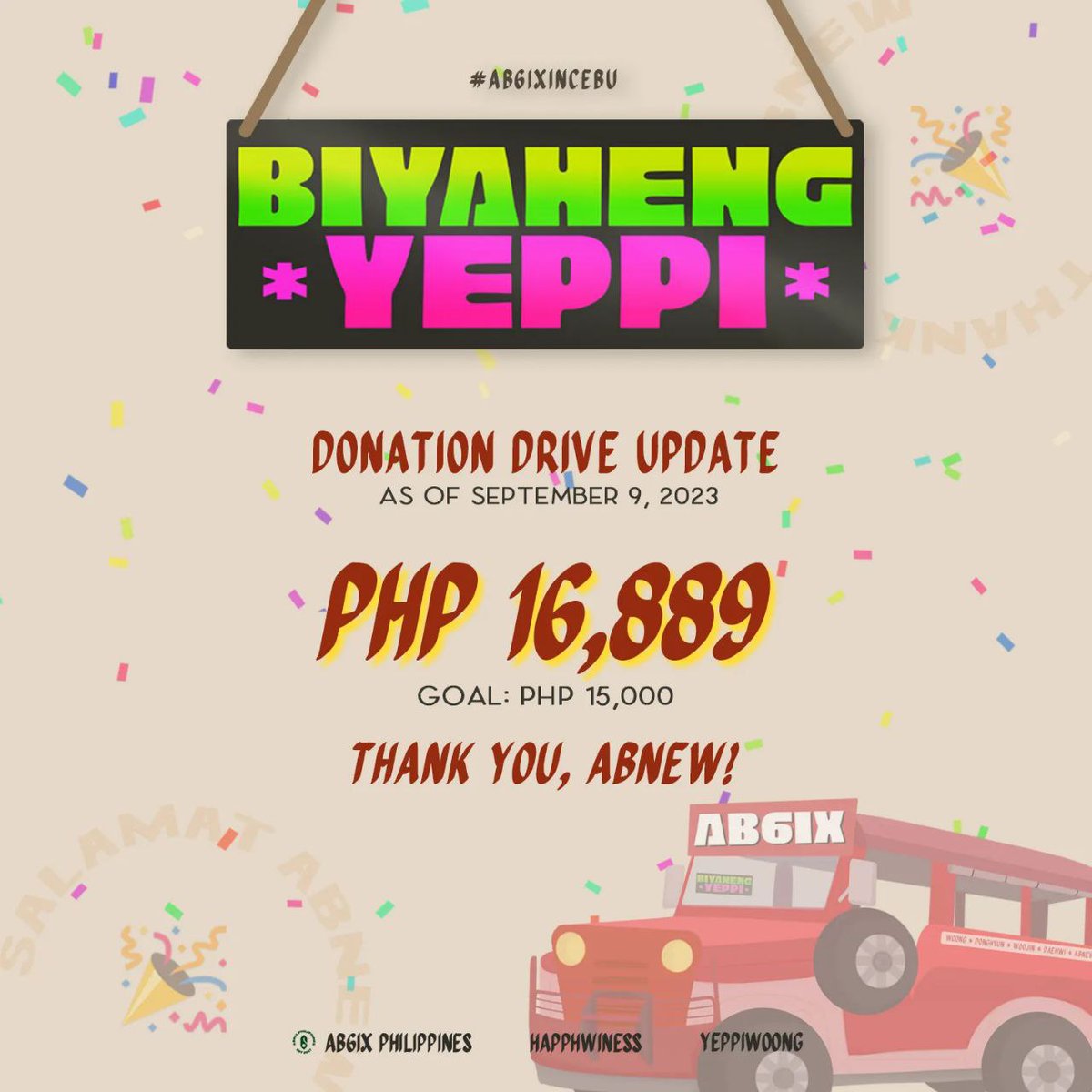 AB6IX_PH's tweet photo. [BIYAHENG YEPPI] AB6IX in Cebu: Donation Drive Update

We've reached &amp; even exceeded our goal! We're working hard to make AB6IX's Cebu stay a memorable one so stay tuned for updates 💖 

#AB6IXinCebu #BiyahengYeppi #CebuIsAwake #AWAKECebu2023 #AB6IX #전웅 #김동현 #박우진 #이대휘 https://t.co/hczMo19YFL