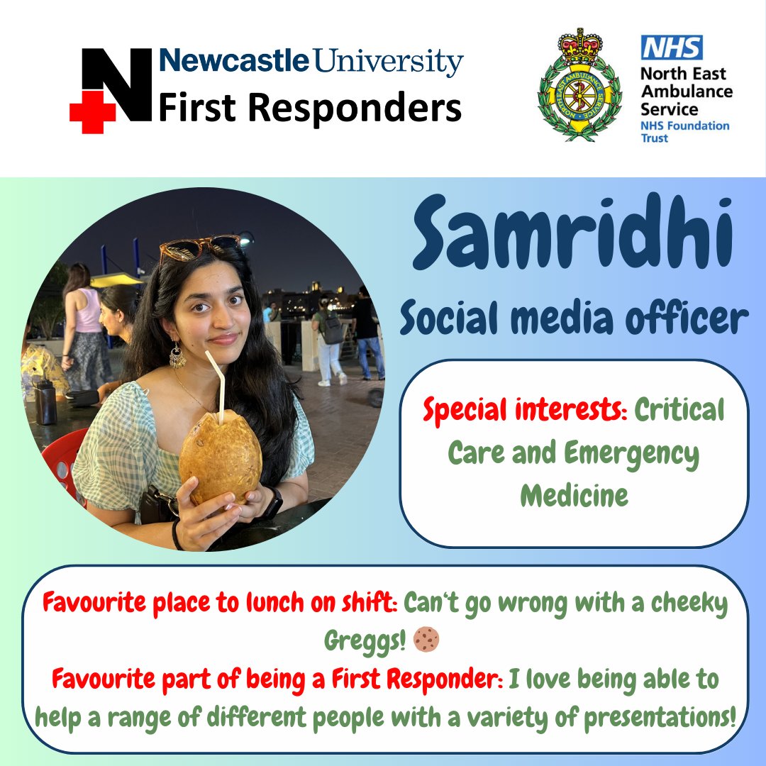 🚑 Meet the committee: 23/24 🚑

Last but not least, looking after the socials is me, Samridhi! 👩🏻‍💻

#nufr #neas #northeastambulanceservice #newcastleuniversity #newcastleuni #newcastlemedicalschool #newcastleupontyne #communityfirstresponder #firstresponder #firstaid