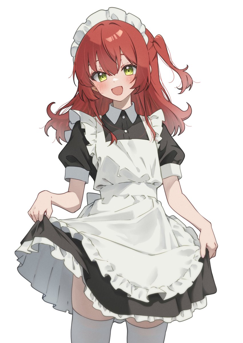 1girl solo maid thighhighs maid headdress red hair apron  illustration images