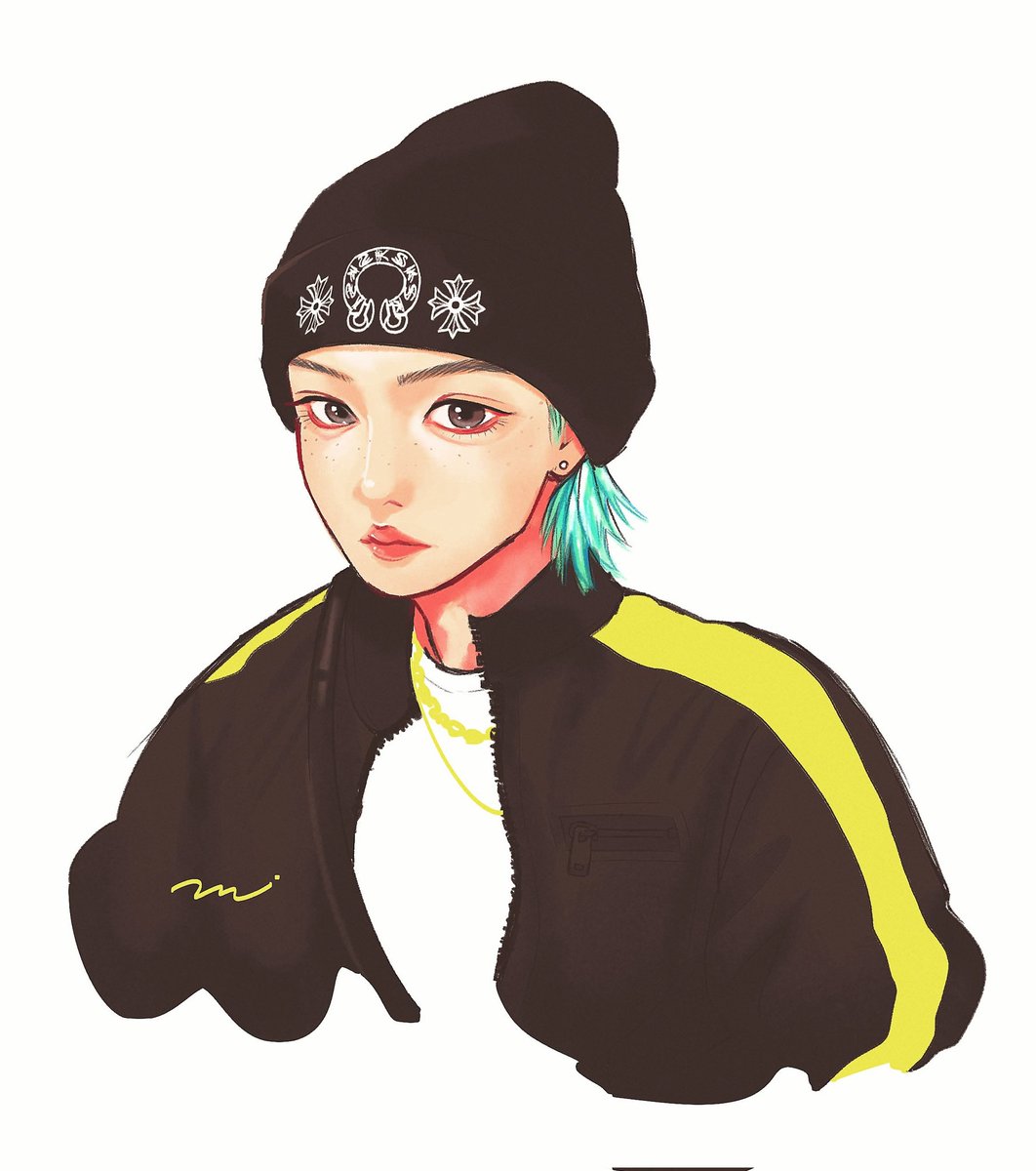 1girl solo jewelry earrings beanie hat jacket  illustration images