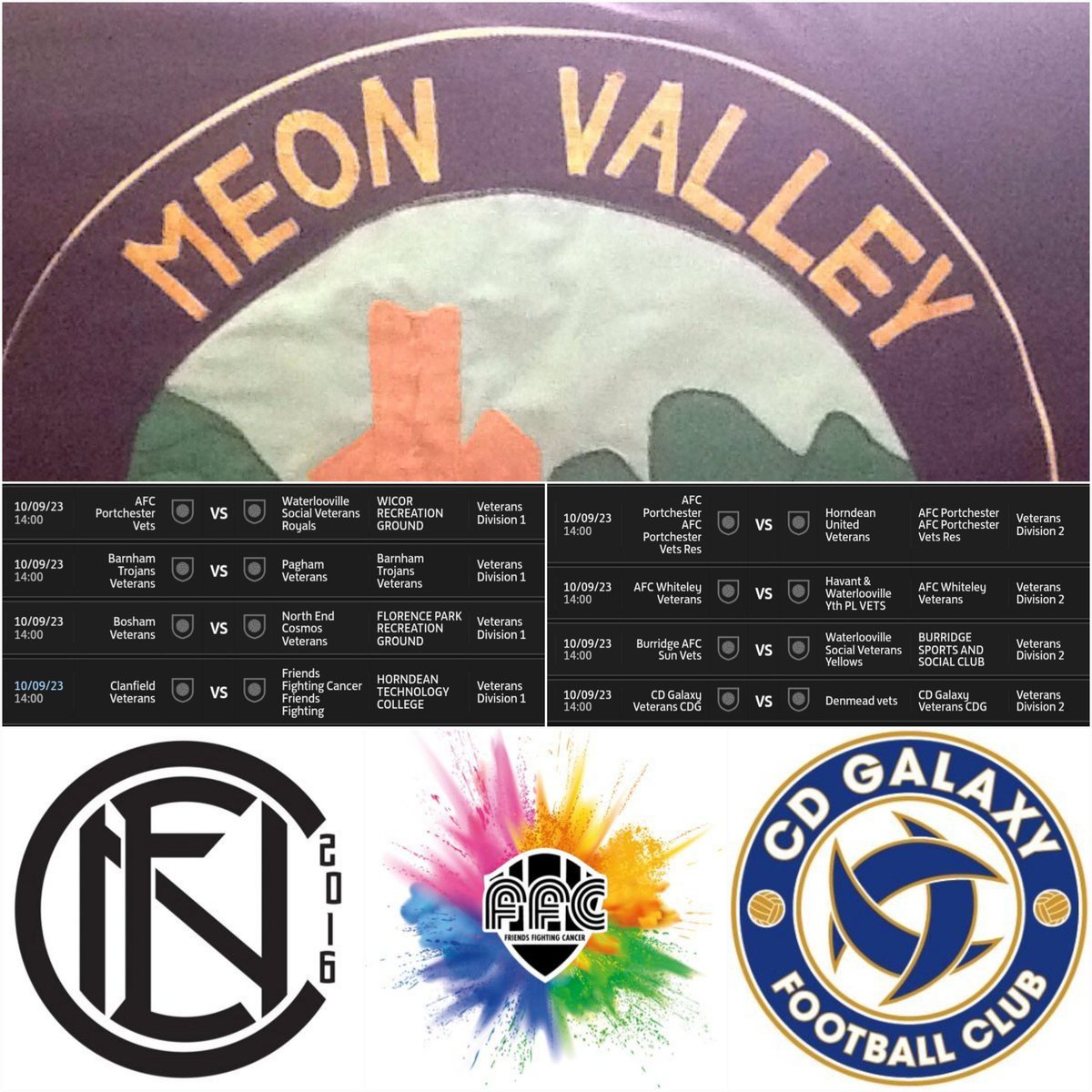 ⚽️ Sunday Fixtures ⚽️
     <a href="/MeonFL/">Meon Valley Sunday FL</a> #Vets

The 2023/24 season starts this afternoon 👏

We'll be keeping 👀 on the #localsides .. <a href="/FFCevents/">Friends Fighting Cancer</a> <a href="/6ozFc/">North End Cosmos Vets</a> and <a href="/cdgalaxyfc/">CD Galaxy Football Club</a> #allthebest

To all Clubs .. have a great season 👍