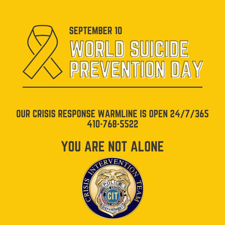 coderkidsclub's tweet photo. Today is World Suicide Prevention Day. Please know that you are not alone.

If you need help, the AACPD Crisis Intervention Team crisis response warmline is open 24/7/365. Call (410) 768-5522. https://t.co/45C7j7BHG2