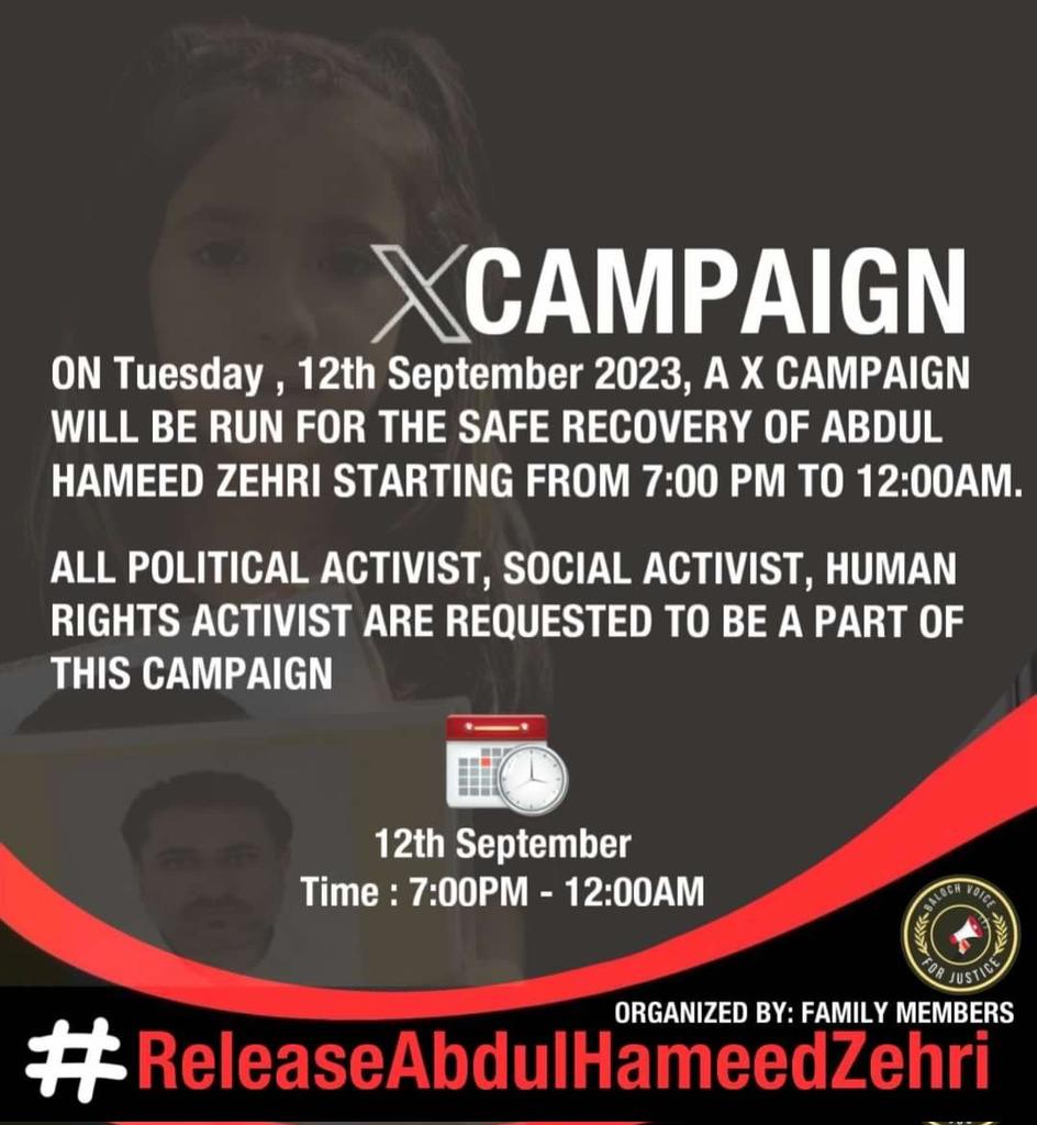 FoziaBaloch10's tweet photo. Family of Abdul Hameed Zehri calls for a X Campaign for his safe release on 12th Sep from 7pm to 12am.They urge people to join the campaign in support of their demand for Zehri’s release. It has been over 2 years since Abdul Hameed was abducted from his home in Karachi. https://t.co/r6hmCPJLia