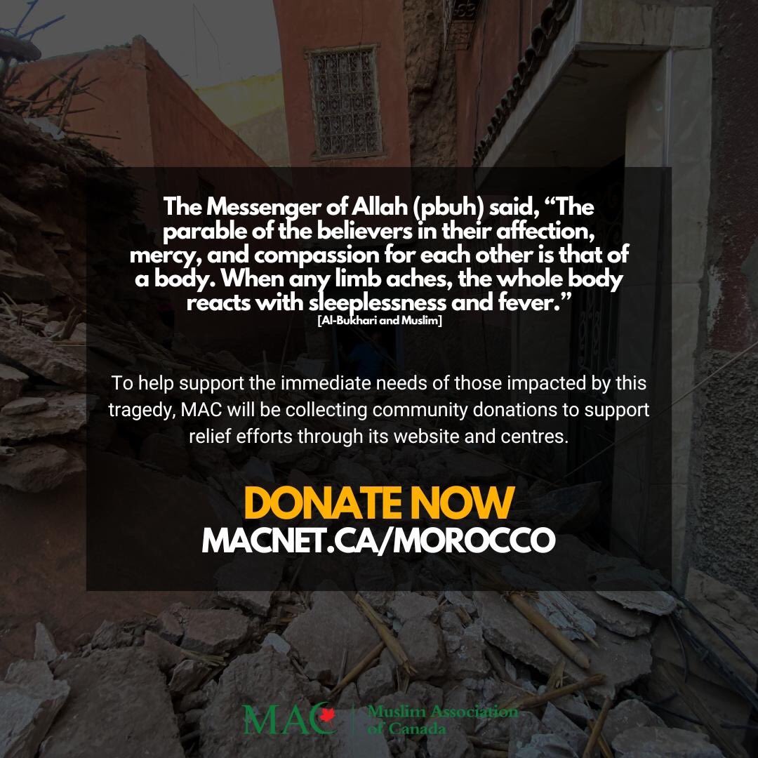 MACNational's tweet photo. DONATE NOW: https://t.co/jW1GibvQ4z 

To help support the immediate needs of those impacted by the #earthquake in Morocco, MAC will be collecting community donations to support relief efforts through its website and centres. Funds as usual will be channeled through reputable international relief charities with presence in the affected areas.