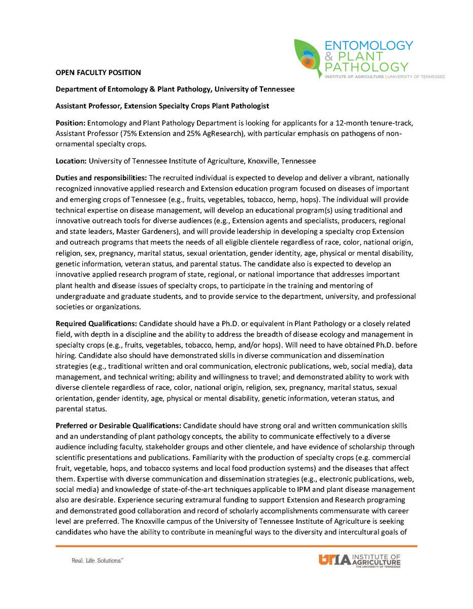 Want to join our #Entomology & #PlantPathology Dept. at @UTIAg? We are looking for a 12-month #tenuretrack, #Assistant #Professor (75% #extension/25% #research) focused on #pathogens of non-ornamental #specialtycrops. More 👇 apply.interfolio.com/131642 Please RT 🧫🍄