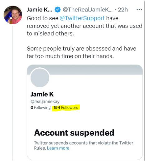 @BobJSweeney Yes - the gammon has claimed this before. But in his previous outing, he didn't use an alt account & screenshotted his own suspension which shows how many followers he had, whereas for everyone else followers are not shown. Thus giving away it was in fact his own account.