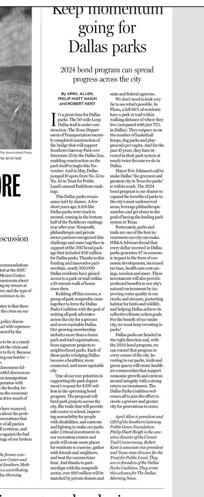 “This Dallas parks renaissance isn’t by chance. <a href="/DallasMayor/">Office of Mayor Eric L. Johnson</a> <a href="/Johnson4Dallas/">Mayor Eric L. Johnson</a> call to make <a href="/CityOfDallas/">City of Dallas</a> the greenest and greatest city in Texas for parks” <a href="/MrsAprilAllen/">April Allen</a> <a href="/robertbkent/">Robert Kent</a> <a href="/TheLoopDallas/">The Loop</a> <a href="/DMNOpinion/">DMN Opinion</a> <a href="/DallasParkRec/">Dallas Park and Recreation Department</a>
