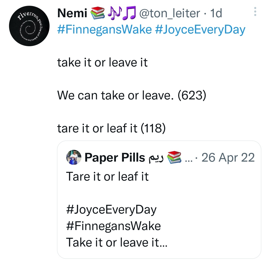ReemK10's tweet photo. #TweetsOfTheWeek with honorable mention going to Nemimemo ๐ต๐ถ๐ต @ton_leiter for perfecting how to read Joyce for #JoyceEveryDay #FinnegansWake. ๐#ping #pong https://t.co/XgOzYr9UxS