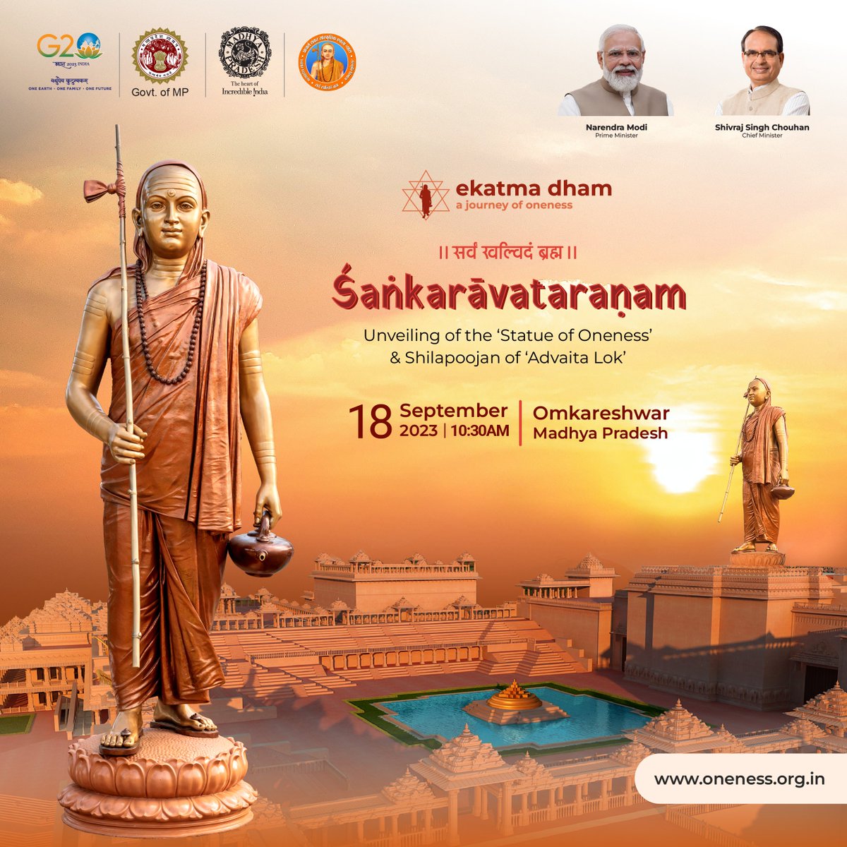 EkatmaDham's tweet photo. The unveiling of the magnificent and divine 'Statue of Oneness' honoring the reviver of Sanatan Dharma, Acharya Shankar, standing tall at 108 feet, marks a historic occasion. 

Let's all celebrate this movement of oneness with joy and enthusiasm!

#ekatmadham #AdiShankaracharya https://t.co/SbIddUooJ9