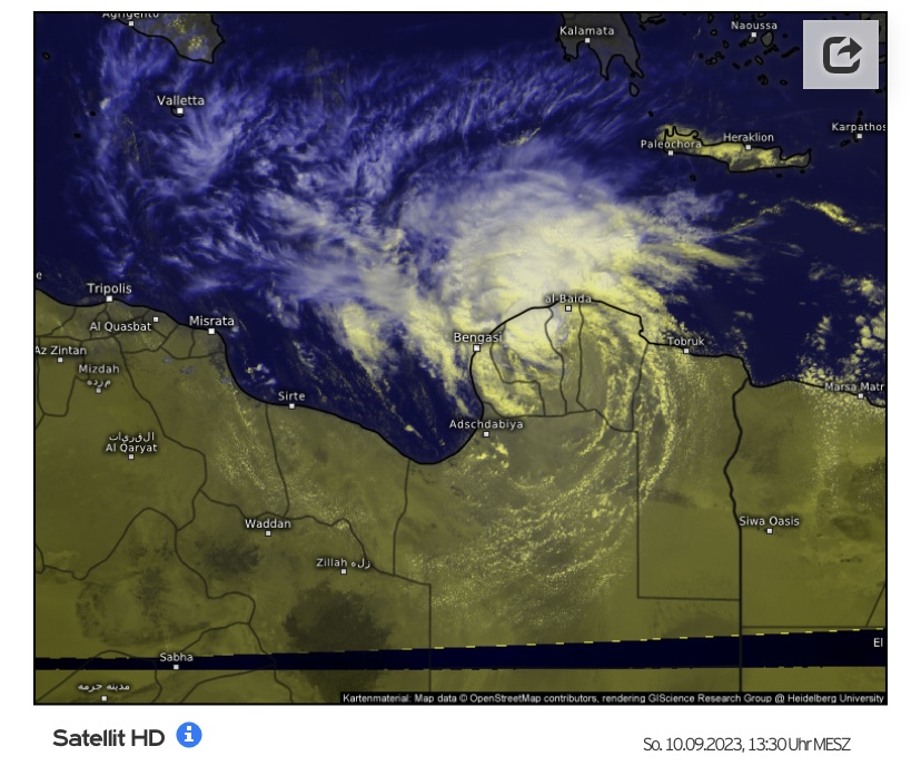 acmg54JFB's tweet image. La région de #Benghazi en #Libye subit à son tour des pluies torrentielles. L’énergie solaire stockée dans la mer, car elle ne peut pas partir par rayonnement, est le moteur thermique de ce phénomène convectif
