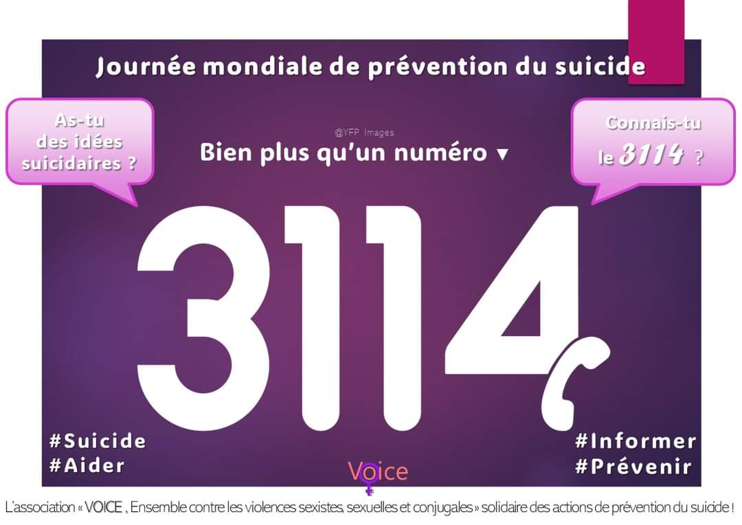 YannickFerrand's tweet photo. #3114
Numéro GRATUIT &amp; CONFIDENTIEL accessible 24h/24 &amp; 7j/7 
#jounéémondialedepréventiondusuicide https://t.co/4vCjOZfyU9