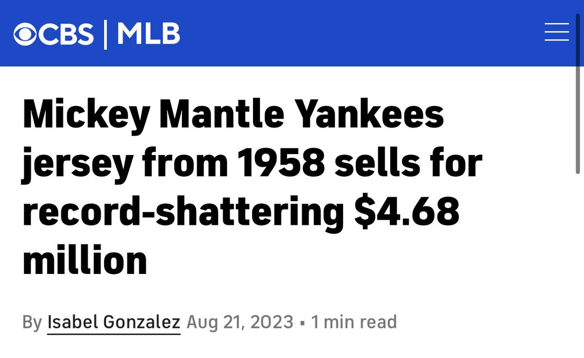 goatcollect's tweet photo. On February 26, 2022 a Mickey Mantle jersey sold for a record breaking $2.2M.

Almost DOUBLE the prior record of $1.3M for a Mantle. 

On August 20, 2023 a Mantle jersey sold for $4.6M, more than DOUBLE the prior record in 2022.

Notice a trend? Beachfront Vintage. 📈 #10Msoon https://t.co/41ZHdKVEV8