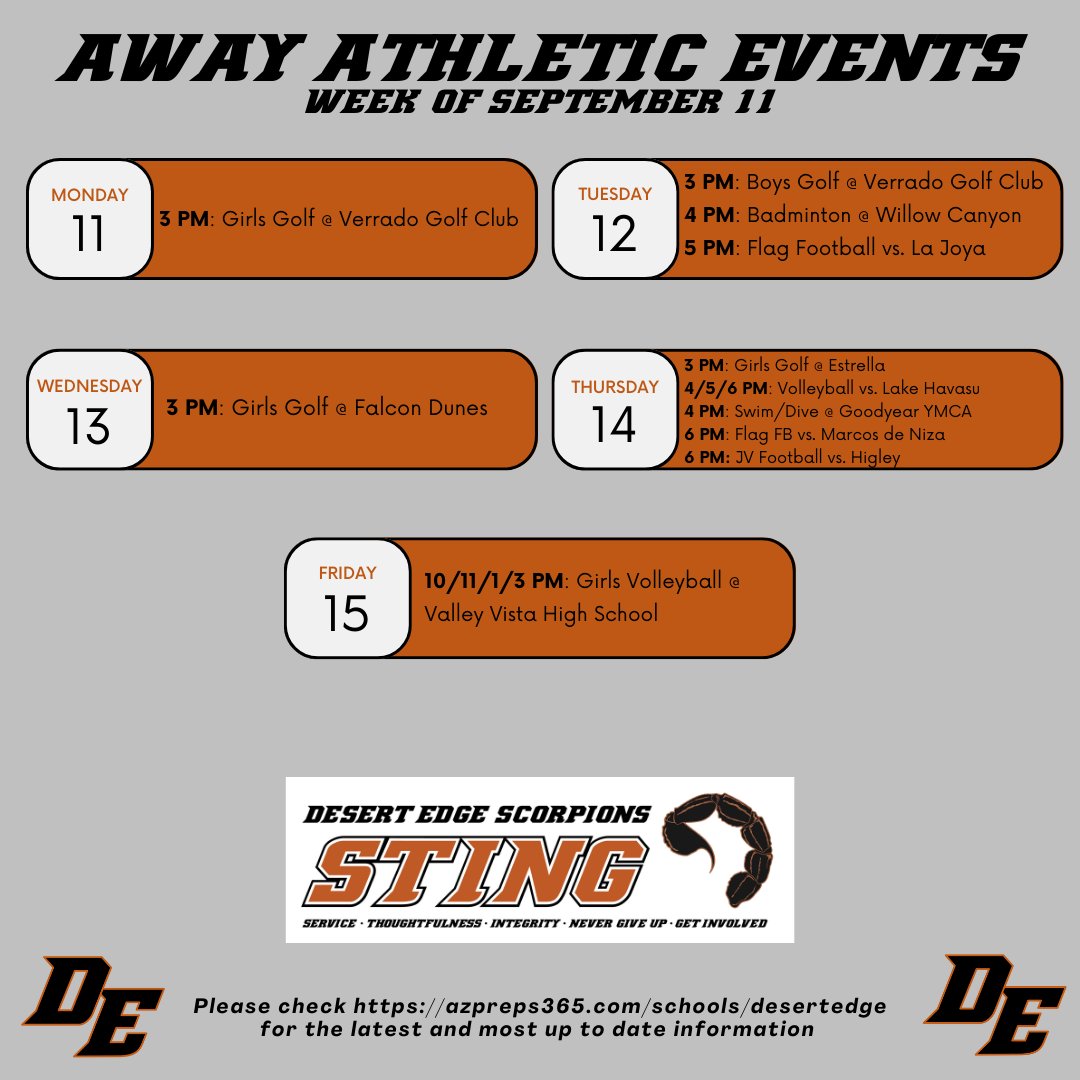 DesertEdgeHS's tweet photo. Be sure to check out this week's Athletic Events! All tickets can be purchased on https://t.co/xoI1eEmc7x. NO Cash Sales will be available at the gate. 🧡🦂🖤 #DEHS #ScorpionNation #WeAreDE #DesertEdgeHighSchool #DesertEdgeHS #STING #FeelTheStingRisetoGreatness https://t.co/9MlyvOie6h