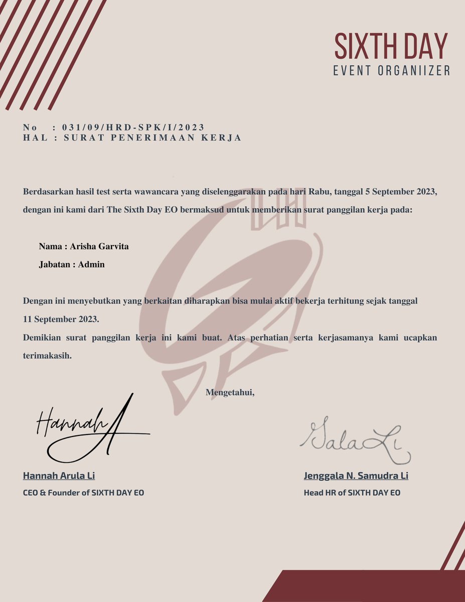 ㅤ

[ 📧 ]

𝐓𝐨 : Arisha Garvita ( @yeriimtotori )
𝐅𝐫𝐨𝐦 : hrd@sixthday.com
𝐜𝐜 : <a href="/lihannah_/">Li Hannah</a>, <a href="/ramenjawa/">Elang Ginanjar.</a>, <a href="/nescafergh/">Jenggala.</a>, @lostcontrouI, <a href="/cottondglow/">ARIA KIM.</a>

Subject : Surat Penerimaan Kerja

ㅤ