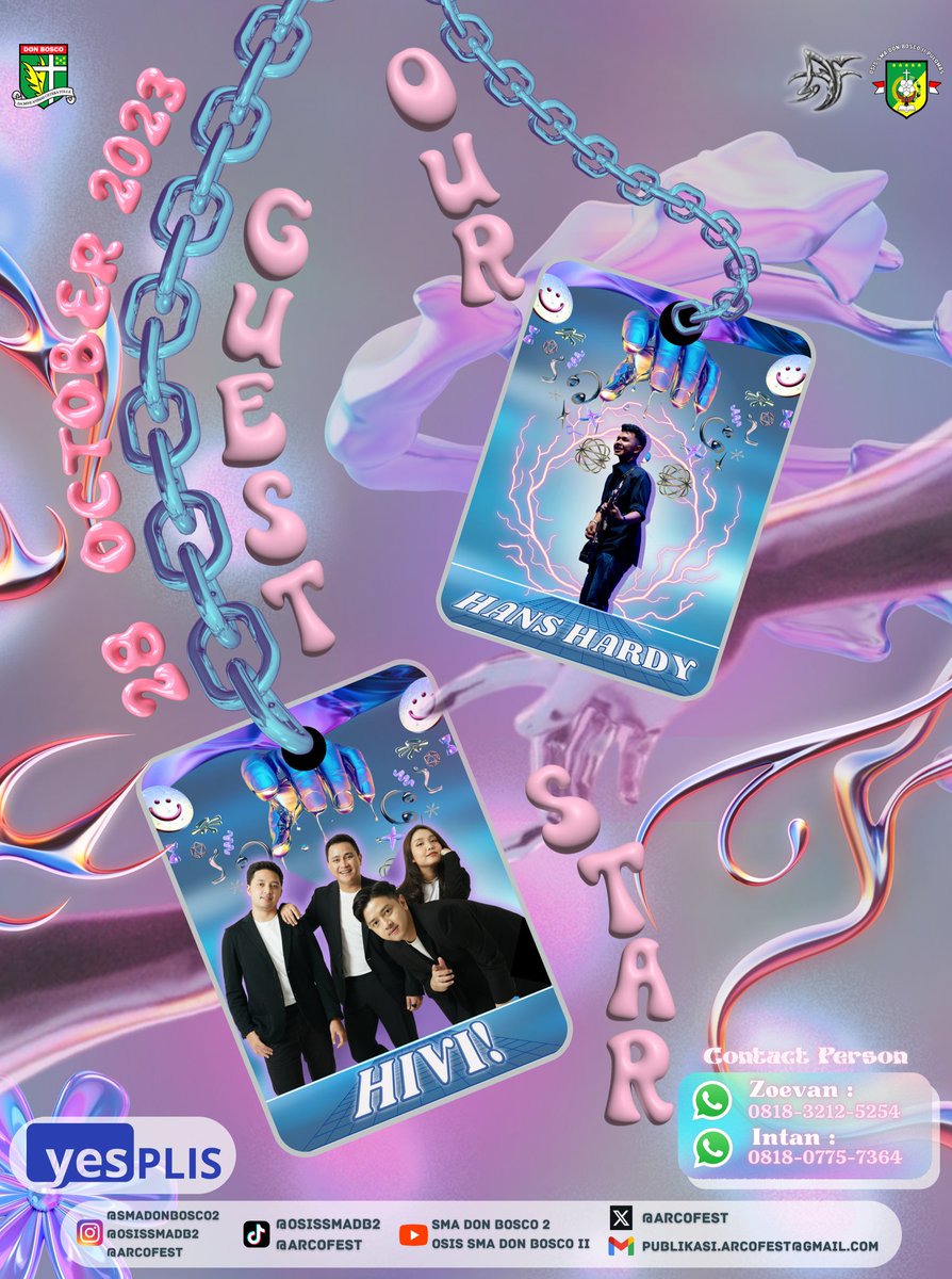 arcofest_'s tweet photo. Are you guys ready to relive your 𝐭𝐞𝐞𝐧𝐚𝐠𝐞 𝐞𝐧𝐞𝐫𝐠𝐲⁉️ Break the crowd, ignite your soul accompanied by HIVI! and Hans Hardy live performance only at Arcofest 🪄 

#ARCOFEST2023 #AF23 #SMADonBosco2 #smadb2 #bosconian #GrowUpYourConfidenceAndLightUpYourSpirit #arcofest https://t.co/ng9uDaBSUK