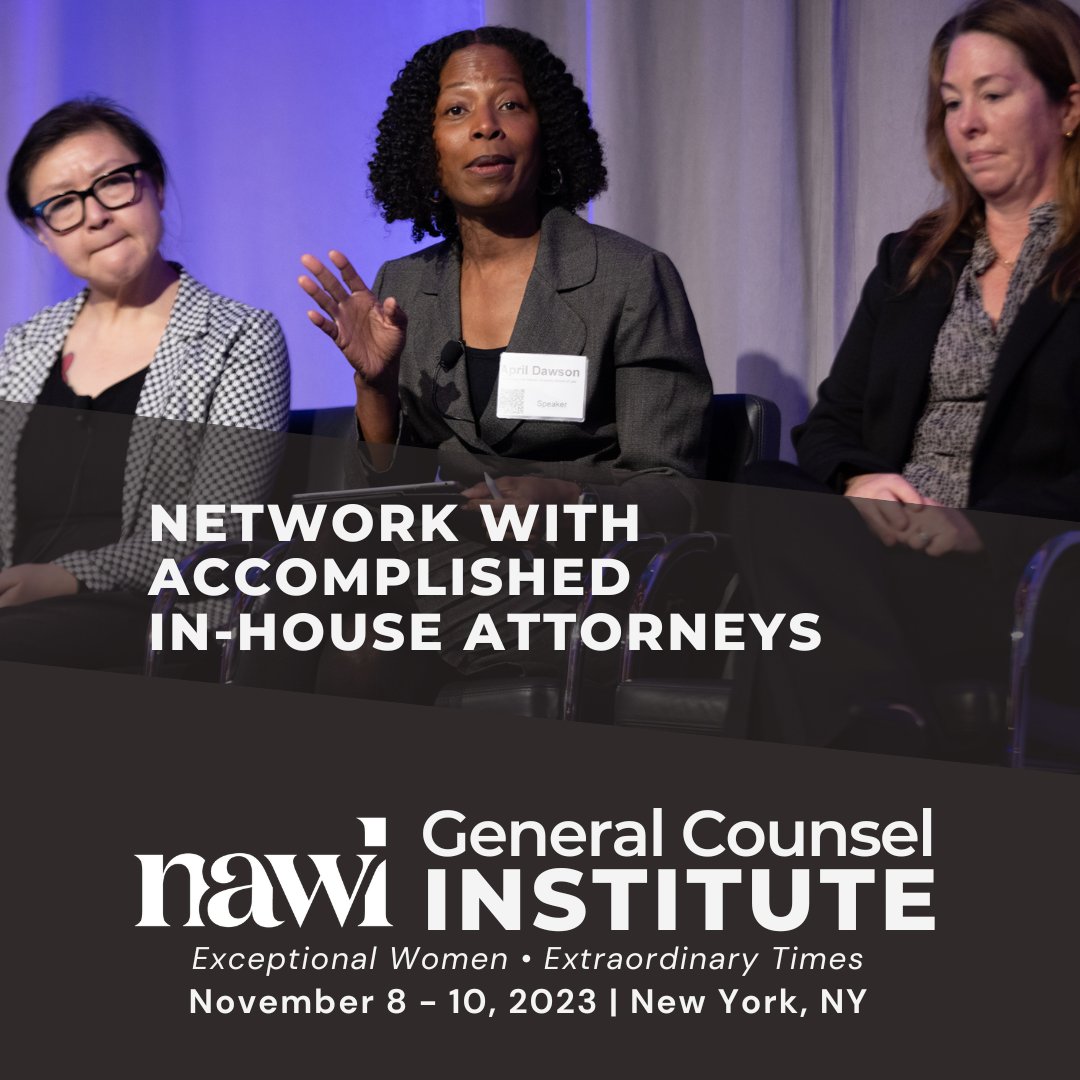 NAWLWomeninLaw's tweet image. #NAWLGCI provides practical tips for corporate counsel, plus plenty of time to network with in-house attorneys from across the country.

Join us in NYC on Nov. 8 - 10!

nawl.org/2023-general-c…

Limited to in-house attorneys and sponsors.

#GCI2023 #NAWLWomeninLaw
