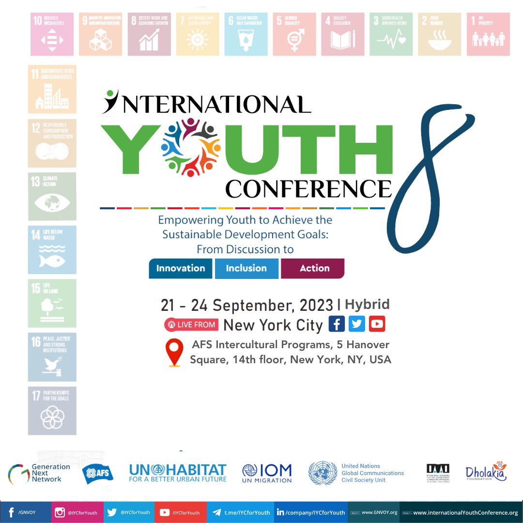 Join the Global Conversation at #IYC8 in NYC, Sept 21-24, 2023, during UN High-Level Week! Explore the theme: 'Empowering Youth for Sustainable Development Goals: From Discussion to Innovation, Inclusion, and Action.' Register now : docs.google.com/forms/d/e/1FAI…