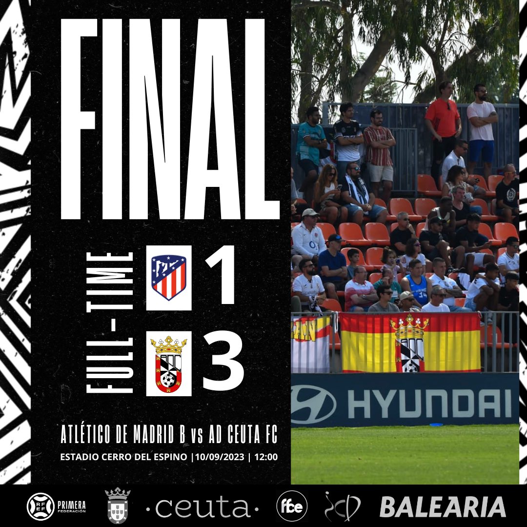 ADCeuta_FC's tweet photo. ⏰90’+ | FINAAAAAAAL 🏁

Importantísima victoria fuera de casa. 
Gran actuación de todo el equipo, ¡enorme la AD Ceuta FC! 👏🔥

Gracias a toda la afición desplazada 🫶

⚽️32’ Cedric Teguia
⚽️⚽️44’ Cedric Teguia
⚽️⚽️⚽️56’ Doncel

@atletiacademia 1-3 @ADCeuta_FC  

#AtletiBCeuta https://t.co/so50GXR6fr
