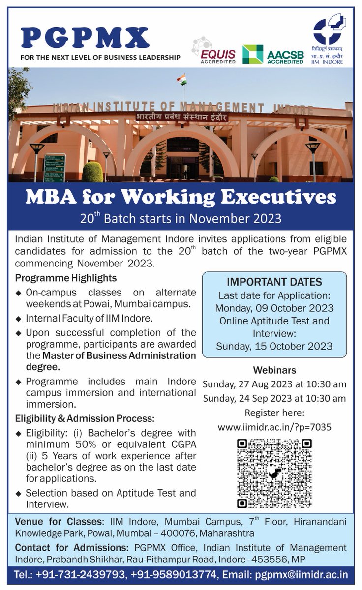 IIM_I's tweet photo. Dreaming of an #MBA while keeping your #job? Look no further than #IIMIndore's PGPMX, specially tailored for #workingexecutives like you.
Admissions open!
https://t.co/lpNGEWdUFi
#IIMIat26 #IIMI #Mumbai #ExecutiveMBA #BSchool #Weekend #AdmissionsOpen @askhimanshurai #Powai https://t.co/plbvqUtrA1