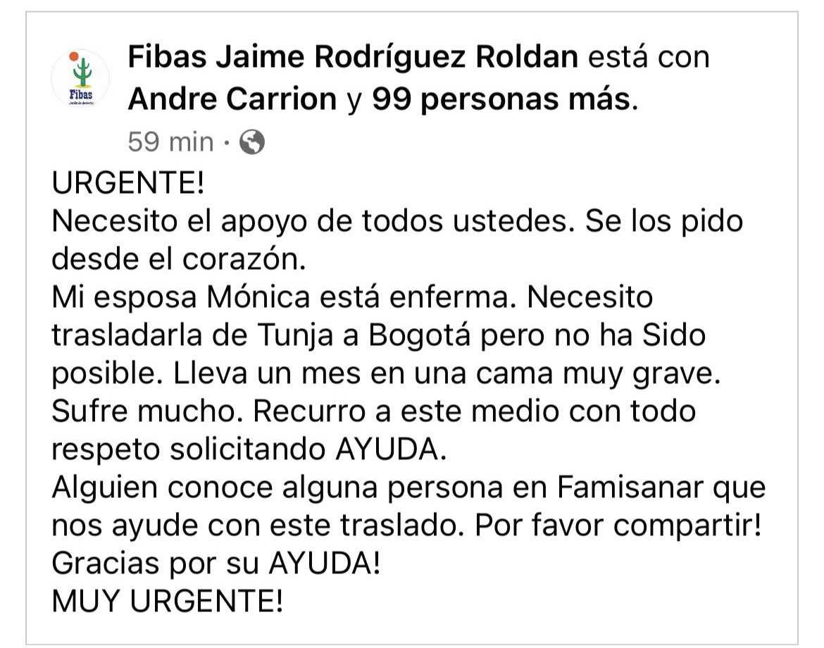 🚨🚨🚨 URGENTE 🚨🚨🚨
Favor compartir … y  si alguien en <a href="/EPS_Famisanar/">Famisanar</a> nos puede ayudar. Es para el traslado URGENTE de una paciente de Tunja a Bogotá