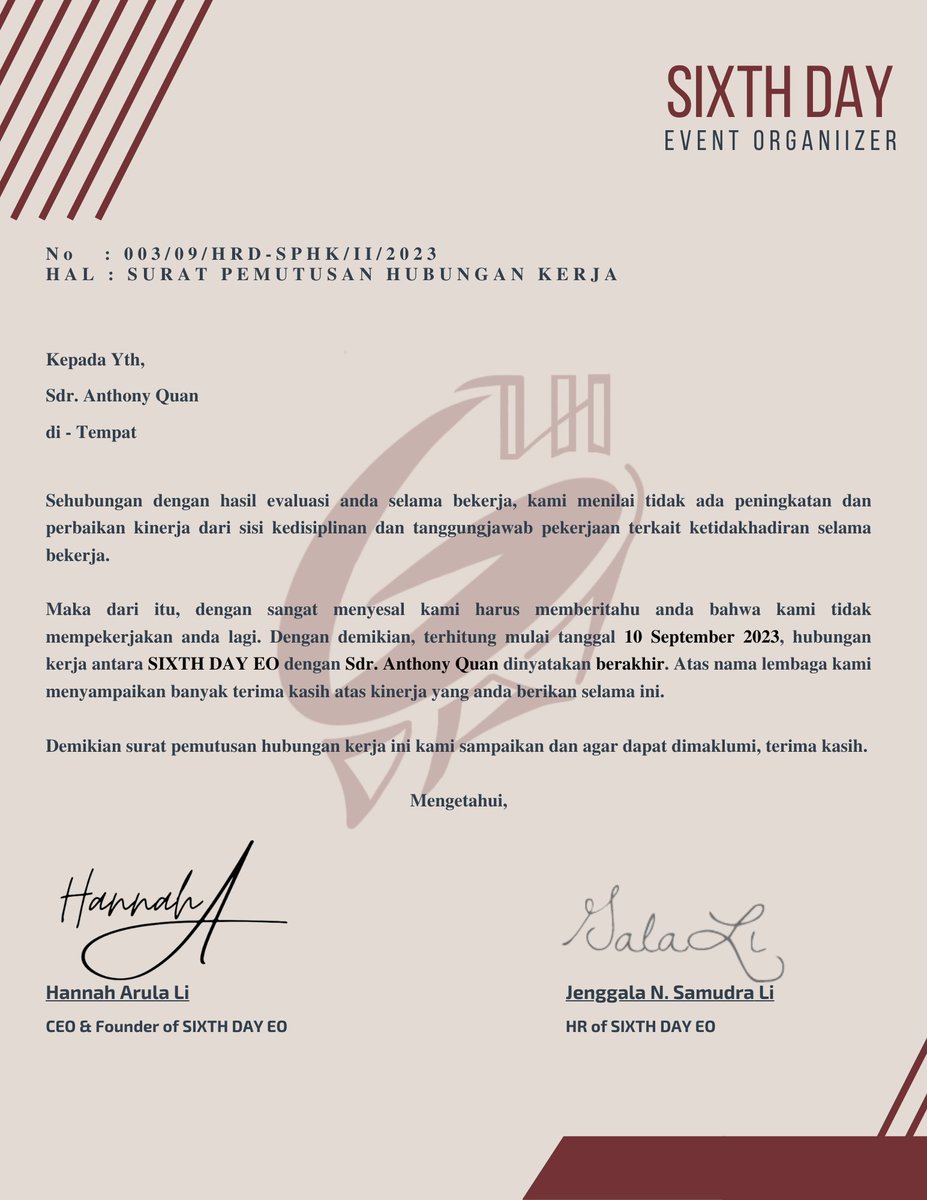 ㅤ

[ 📧 ]

𝐓𝐨 : Anthony Quan ( <a href="/sosiavl/">Anthony Quan.</a> )
𝐅𝐫𝐨𝐦 : hrd@sixthday.com
𝐜𝐜 : <a href="/lihannah_/">Li Hannah</a>, <a href="/ramenjawa/">Elang Ginanjar.</a>, <a href="/nescafergh/">Jenggala.</a>, @lostcontrouI, <a href="/cottondglow/">ARIA KIM.</a>

Subject : Surat Pemutusan Hubungan Kerja

ㅤ